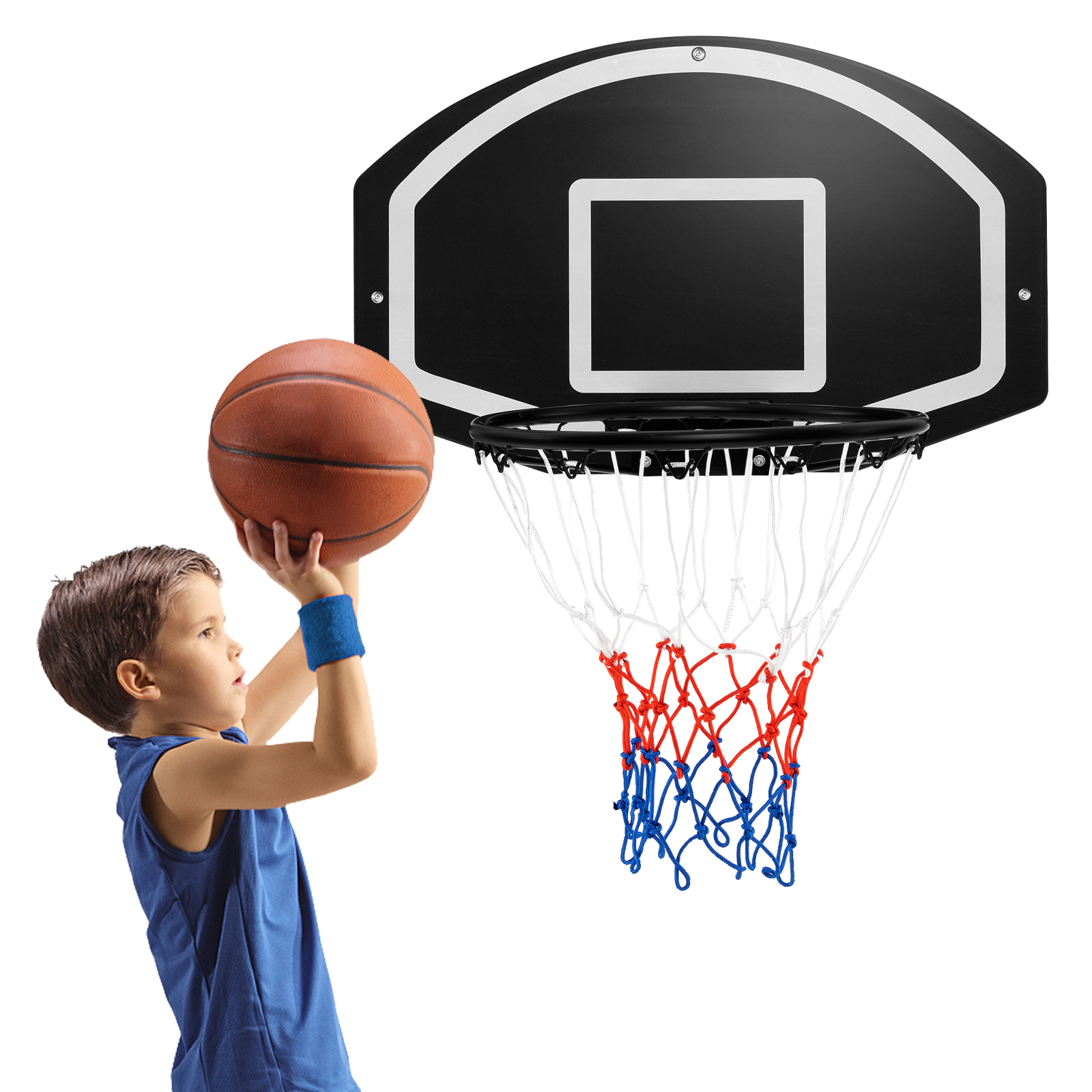 SUGIFT Black and White Wall Mounted Basketball Hoop Set with PE Backboard and All Weather Net 28.5-in W 18-in H