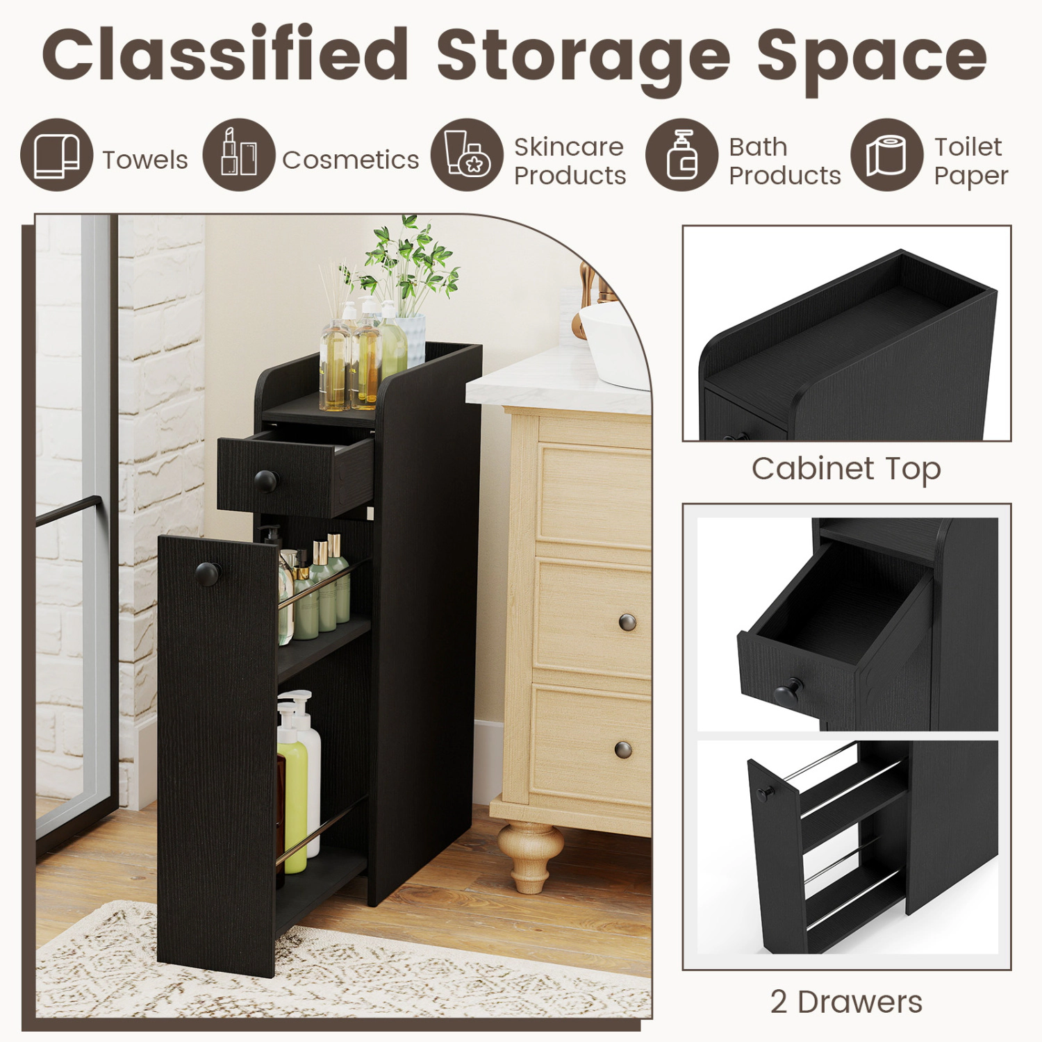 SlickBlue Narrow Bathroom Cabinet with Pull-Out Storage Drawers