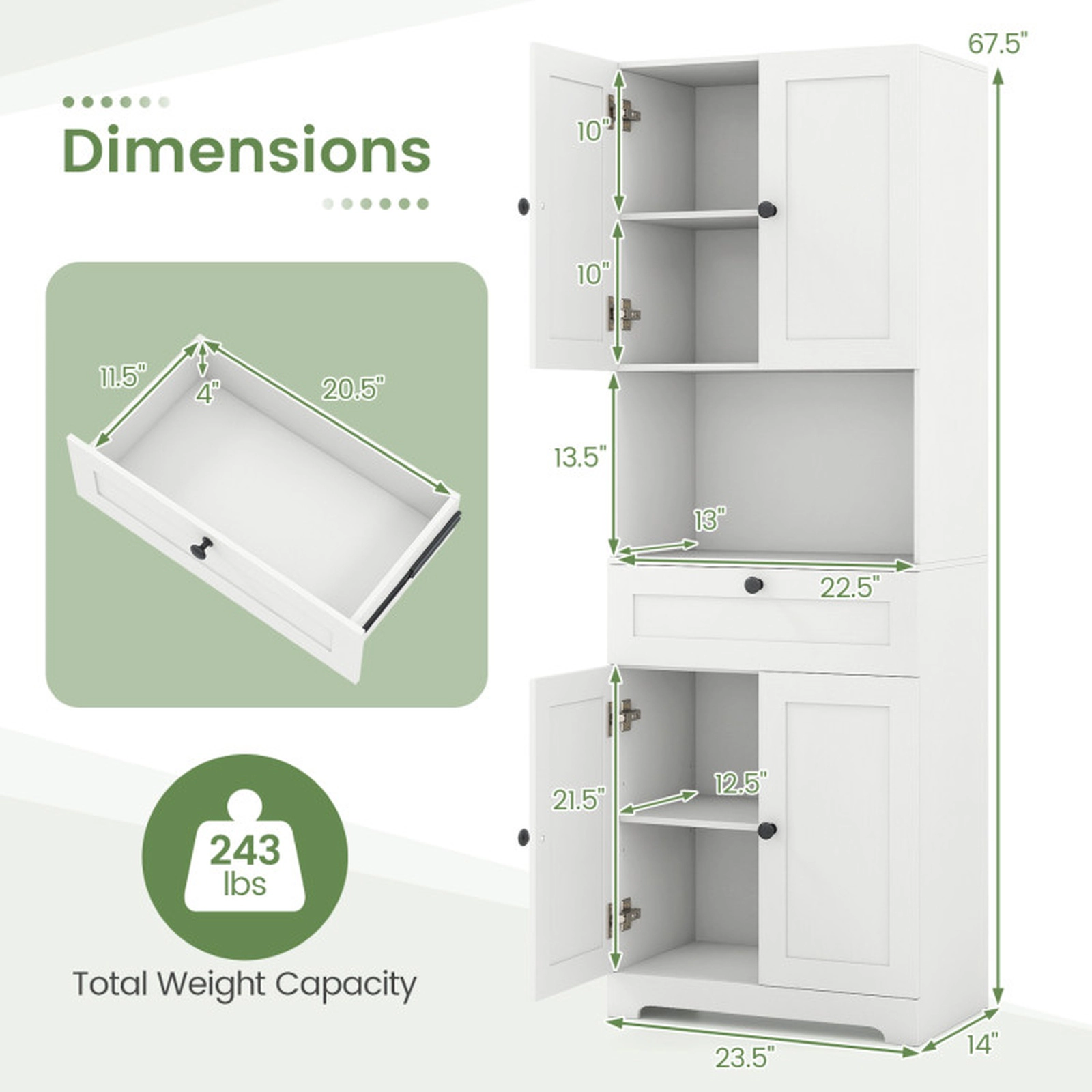 SUGIFT 4 Doors 1 Drawer Adjustable Shelf Freestanding Storage Cabinet 23.5-in x 14-in x 67.5-in 243-lb Capacity White