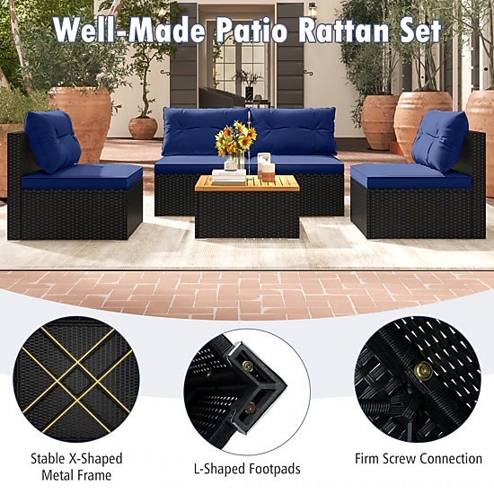 SUGIFT 5-Piece Navy Outdoor Wicker Patio Chair Set with 4 Deep-Seat Armchairs and Square Acacia Table