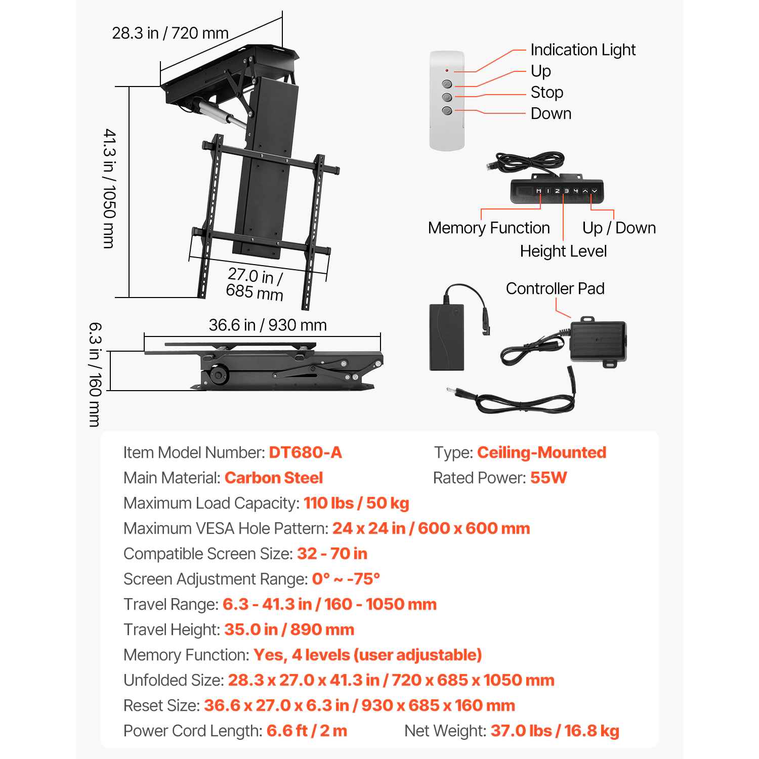 HONGGE Motorized TV Mount Bracket with Adjustable Electric Bracket for TVs