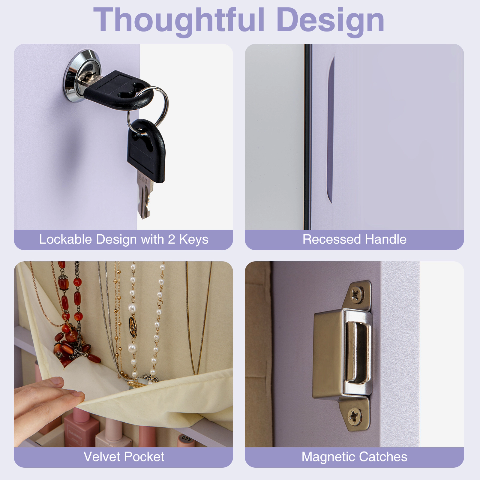 SUGIFT Purple Lockable Mirrored Jewelry Cabinet Wall or Door Mounted Armoire with Velvet Liner Interior