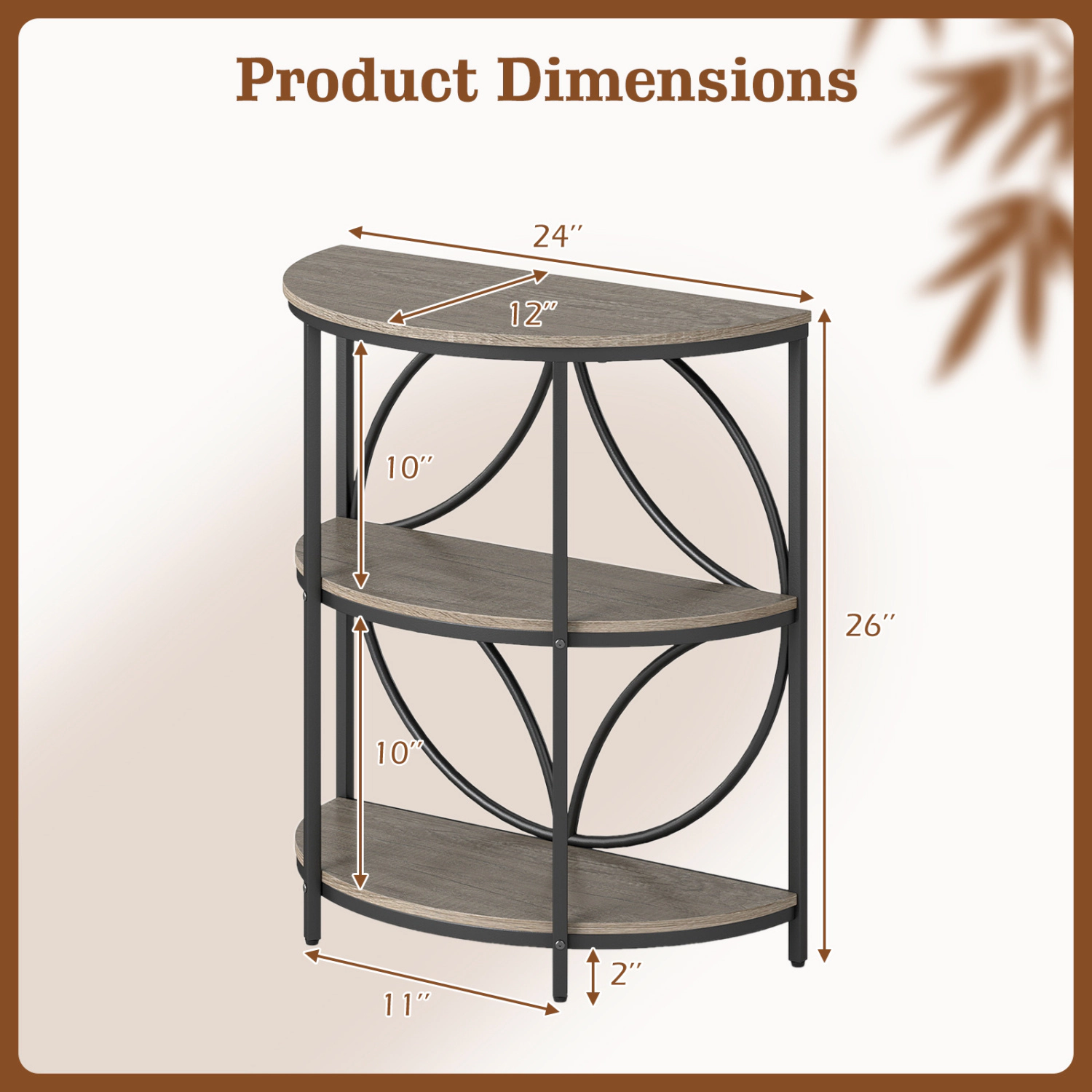 Glintex 3-Tier Half-Round End Table with Wood-Look Top and Metal Frame
