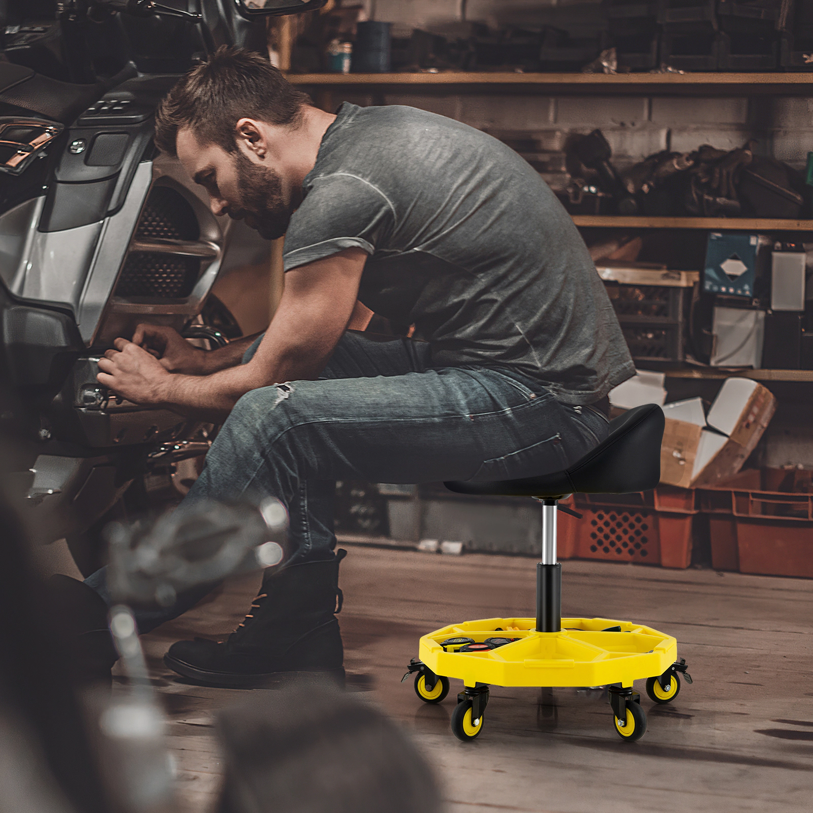 SUGIFT 20-in to 25-in Adjustable 5 Wheels 5-Section Tool Tray Rolling Garage Stool 15-in Seat 350-lb Capacity Yellow