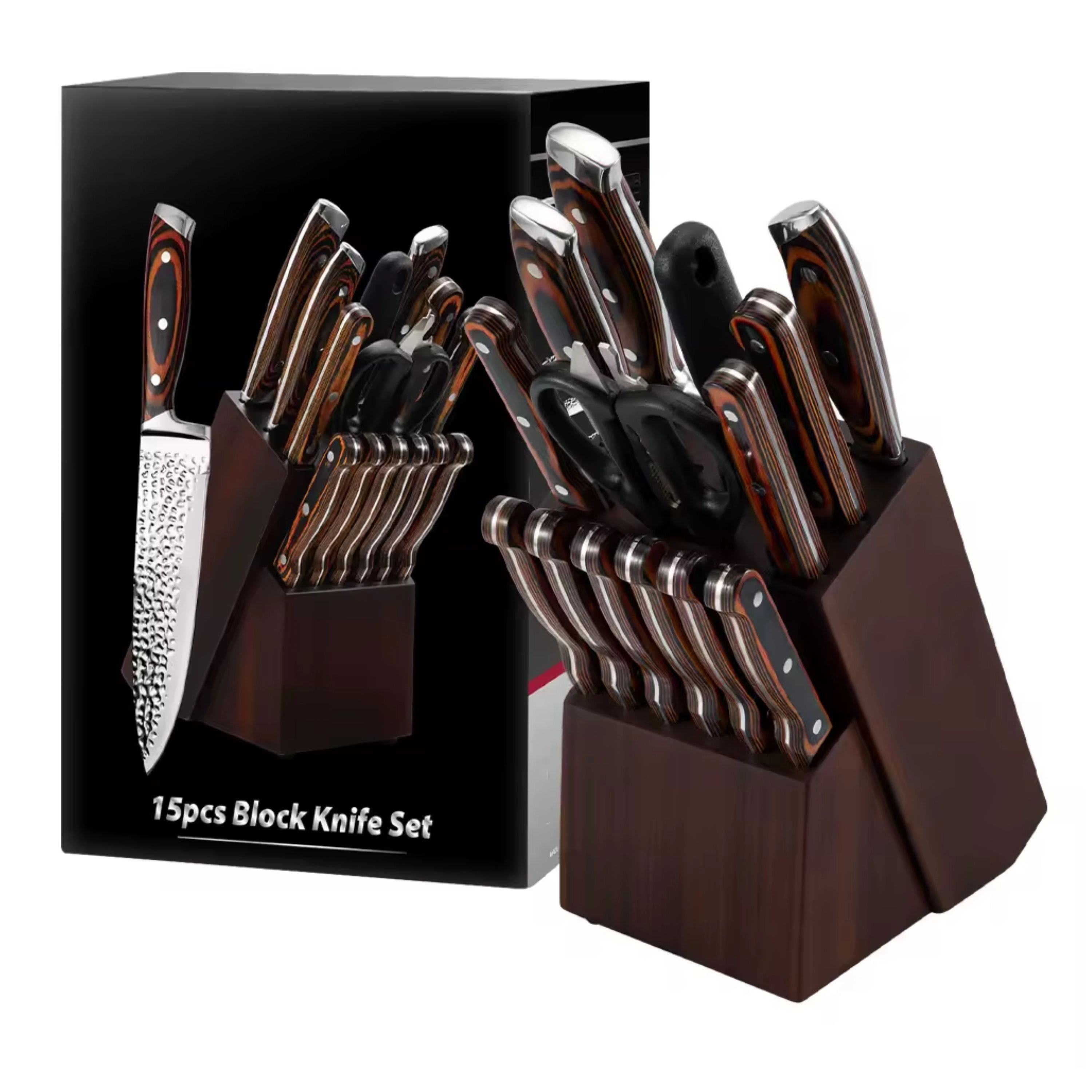 Kitcheniva 15-Piece Stainless Steel Hammer Forged Knife Set With Wooden Block And Handle
