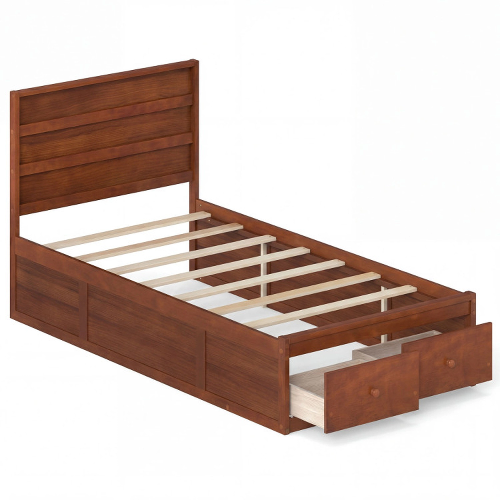 SUGIFT Twin Size Platform Bed Frame with 2 Storage Drawers 350-lb Bed Capacity Walnut