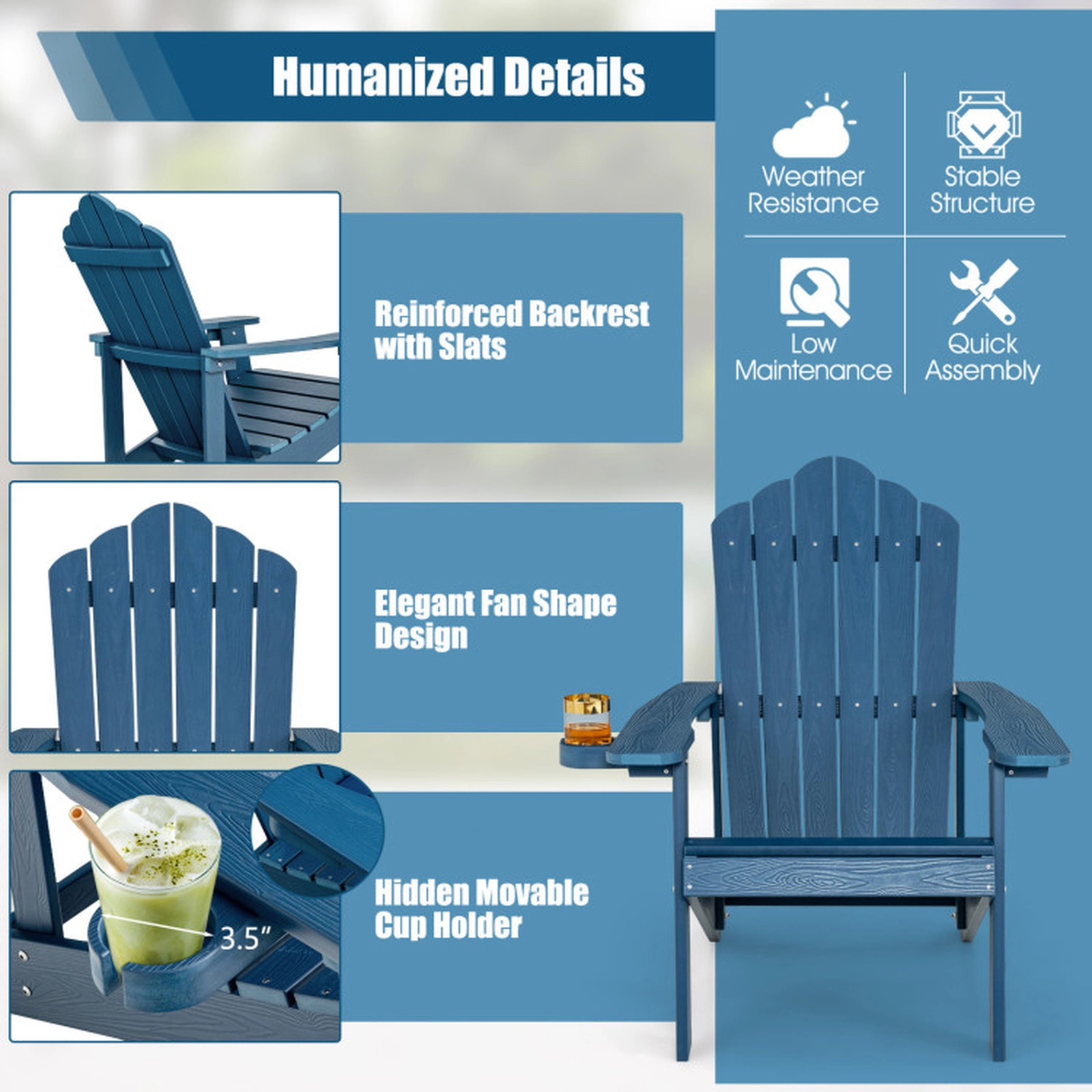 SUGIFT 2-Piece HIPS HDPE Adirondack Chair Set with Cup Holder 380-lb Adult Capacity Ages 3-8 33.5-in Adult Chair Navy