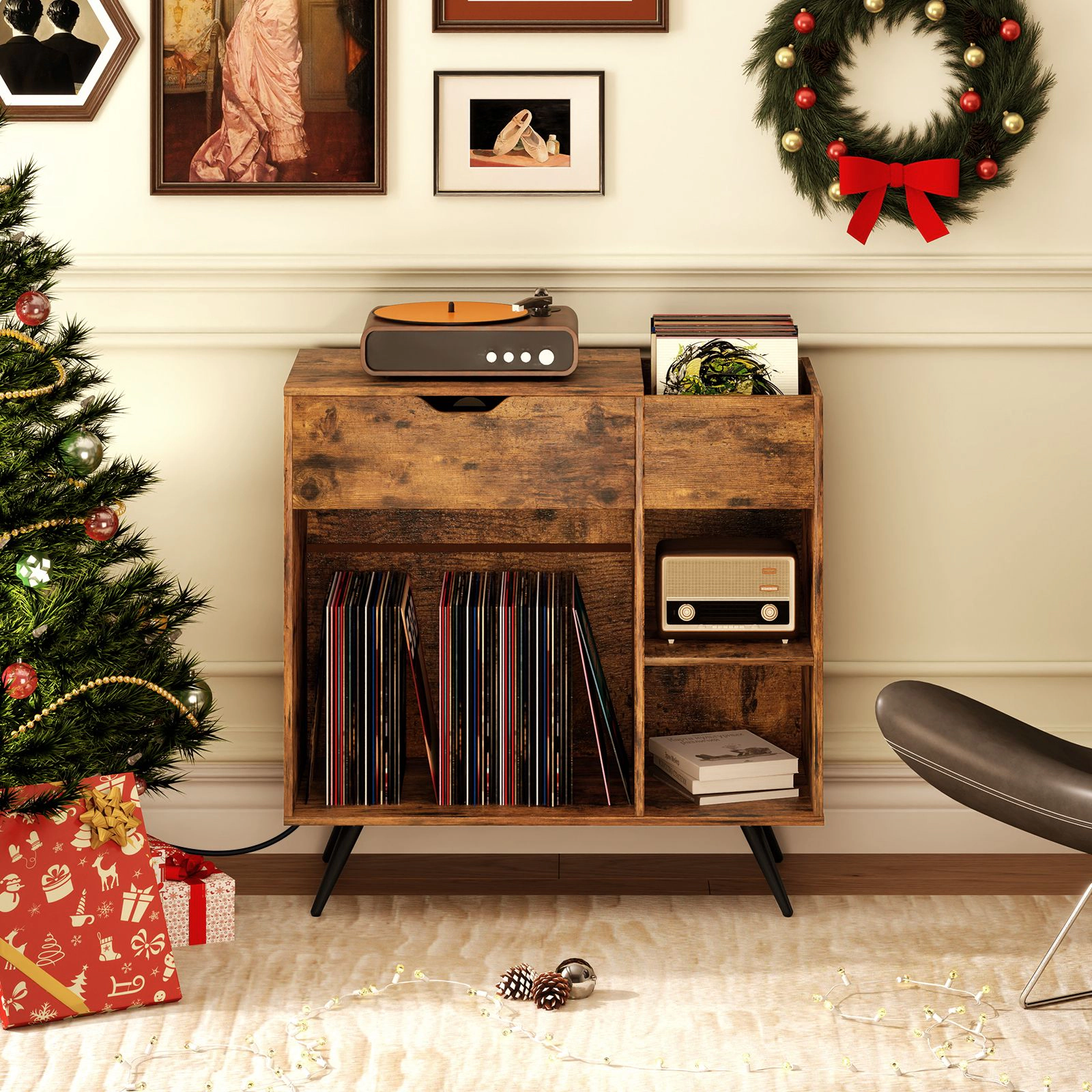 SlickBlue Record Player Stand with Power Outlet Vinyl Storage