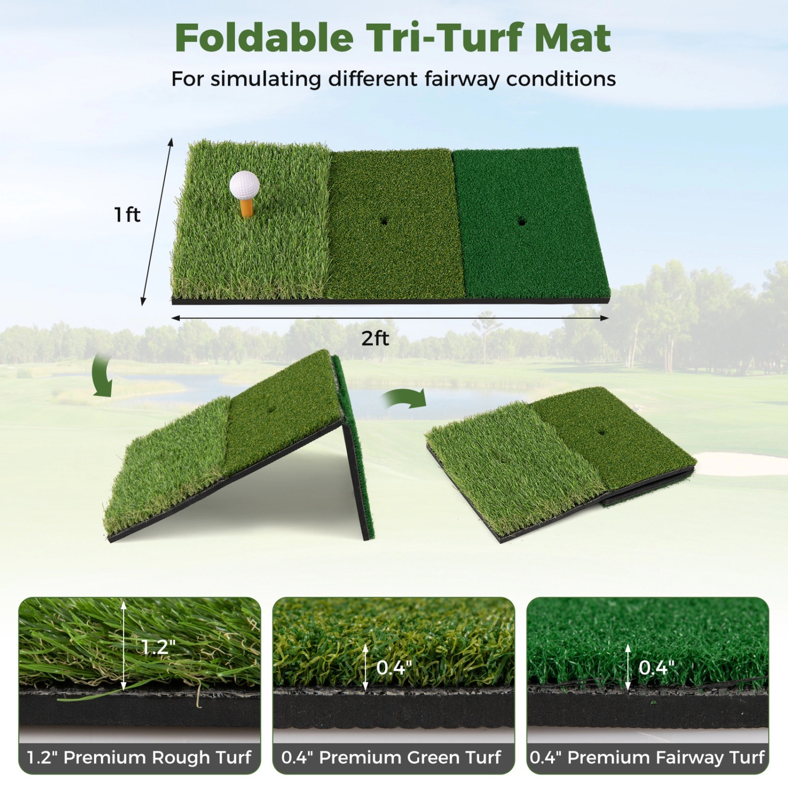 10.3-ft x 6.5-ft Golf Practice Net Foldable Tri-Turf Hitting Mat Target Zones 4 Ground Stakes Carry Bag Black