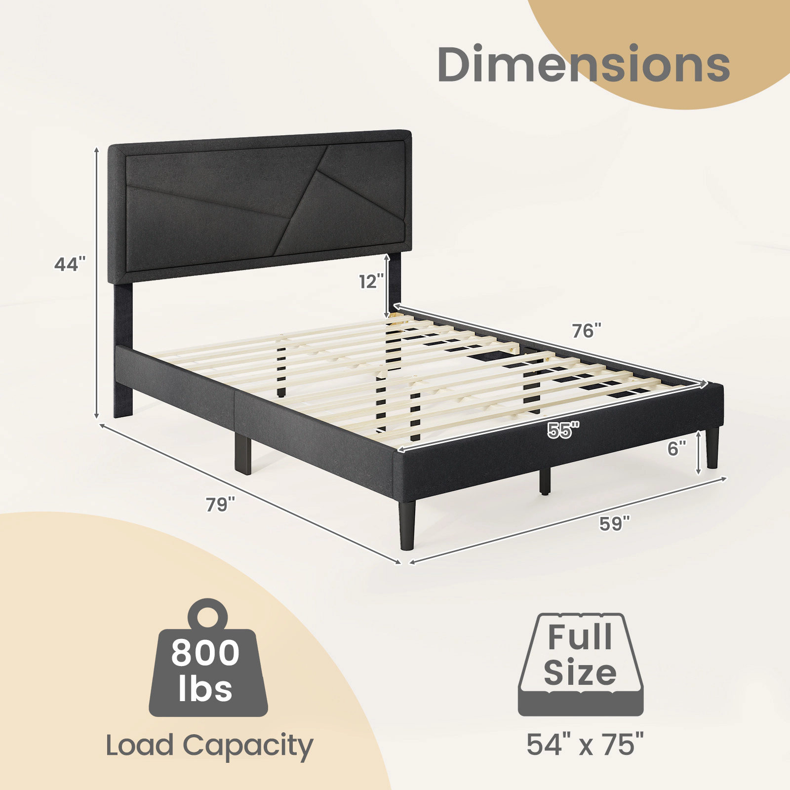 SUGIFT Gray High Headboard and 12 Slats Full Size Upholstered Platform Bed Frame