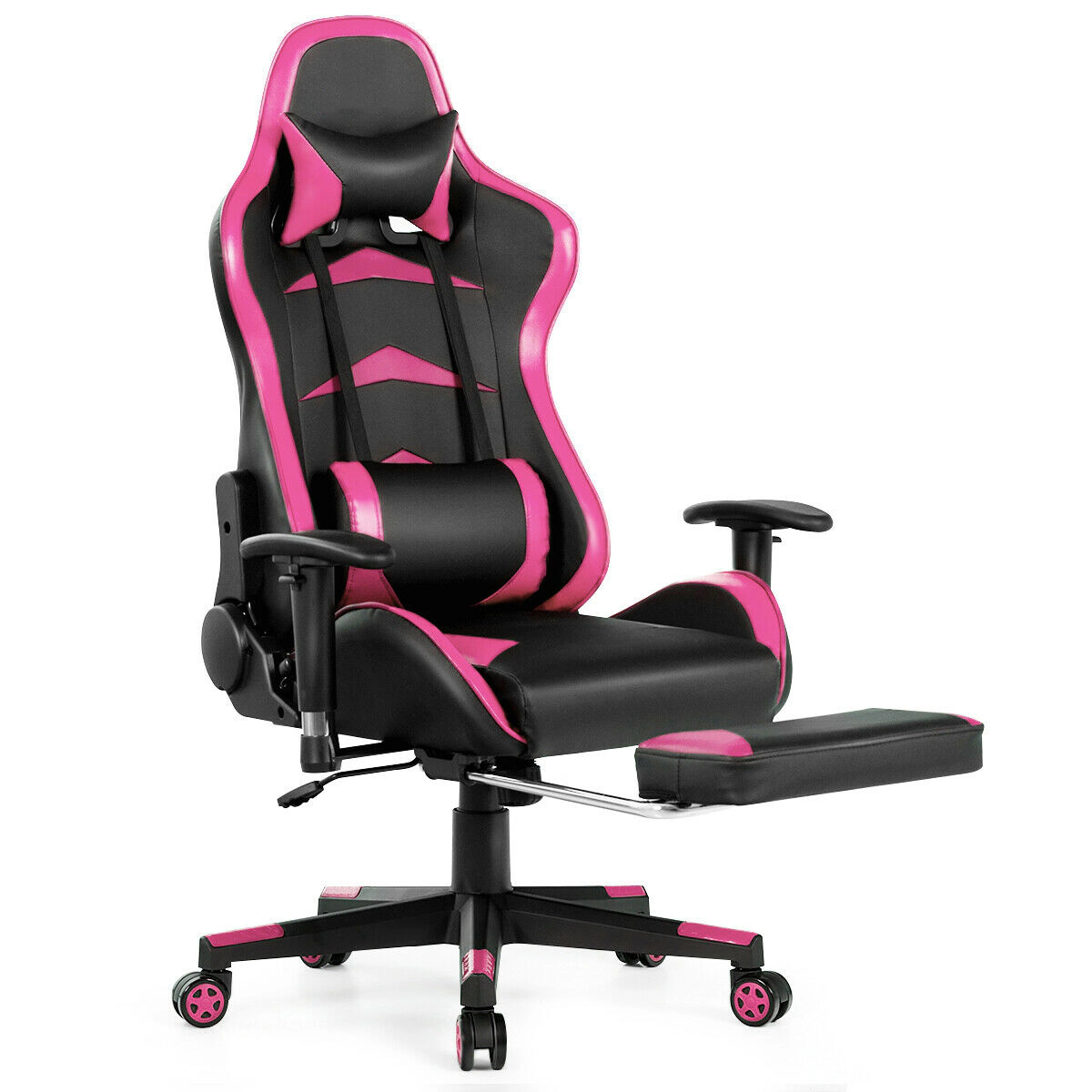 SUGIFT Pink Retractable Footrest and Rotatable Armrests Massage Gaming Chair