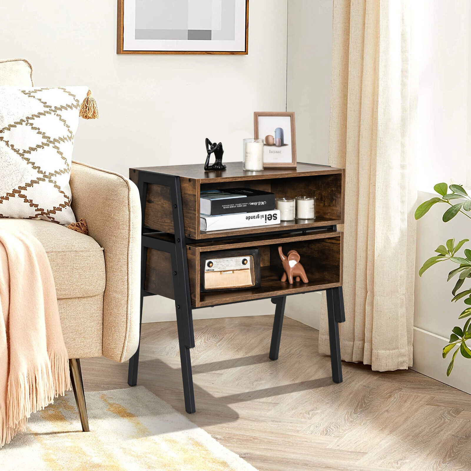 Hivvago Stackable Night Stand Shelf Accent Table with Metal Frame