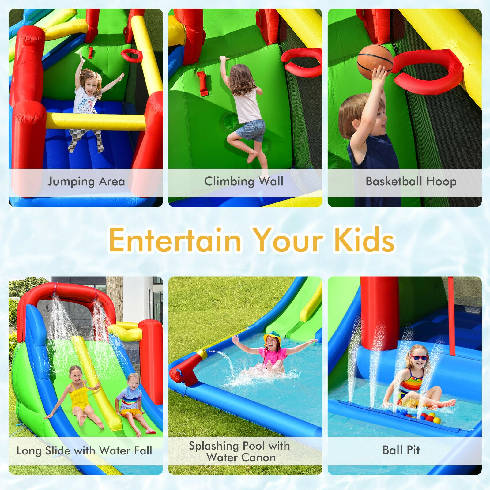 SUGIFT Inflatable Water Slide Bounce House with Ocean Spheres and Basketball Hoop 300-lb Total Capacity Ages 3-10