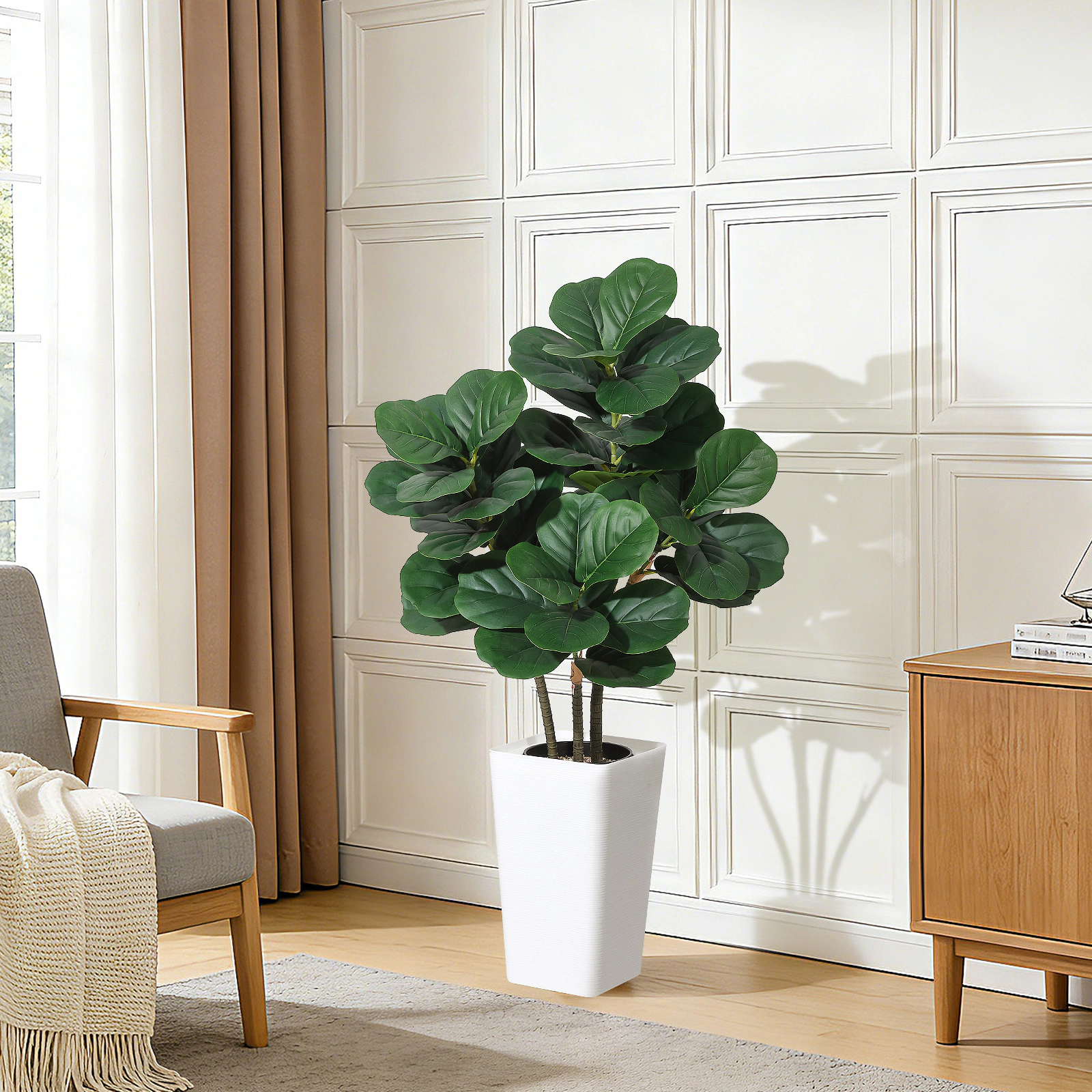4FT Artificial Fiddle Leaf Tree Faux Ficus Lyrata Silk Plant with White Planter, Realistic Floor Fig for Living Room