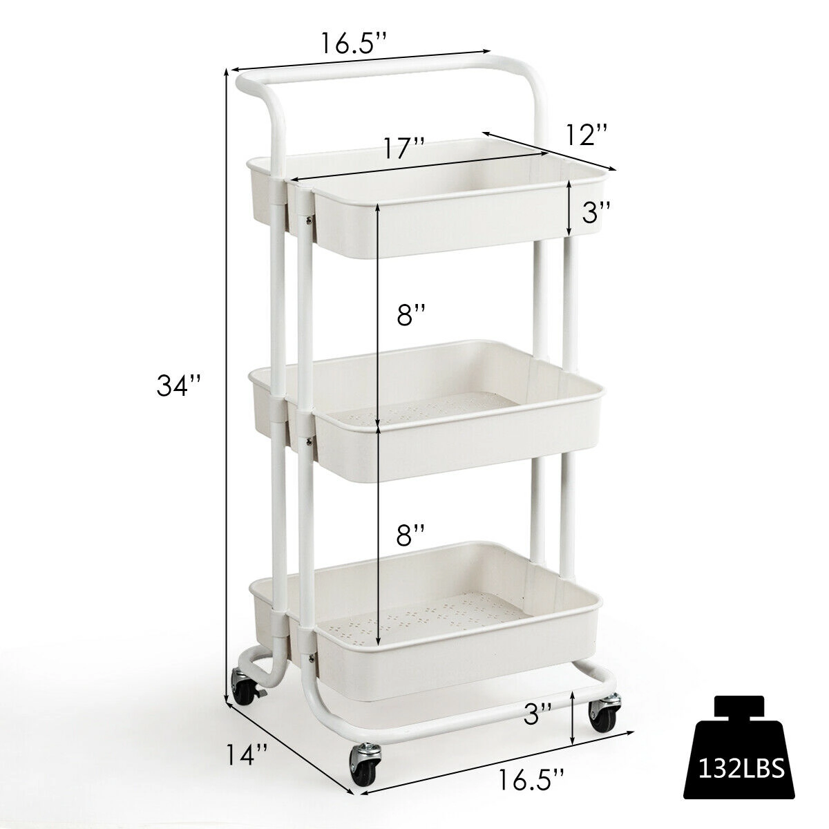SUGIFT 3-Tier Utility Cart White Rolling Storage Cart with Locking Casters