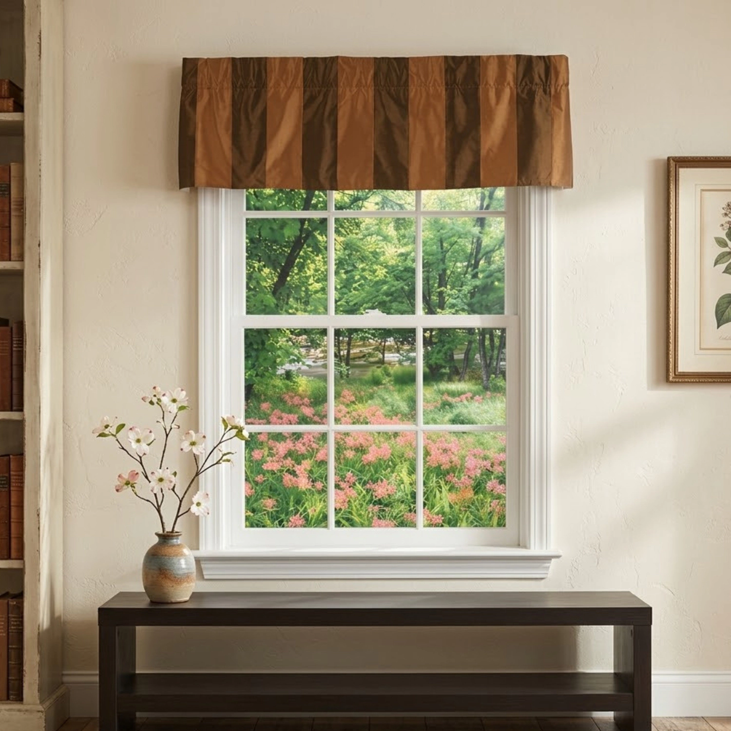 RLF Home Pascal Stripe Tailored Window Valance 100% Cotton Lined Rod Pocket 50" x 17" Brown