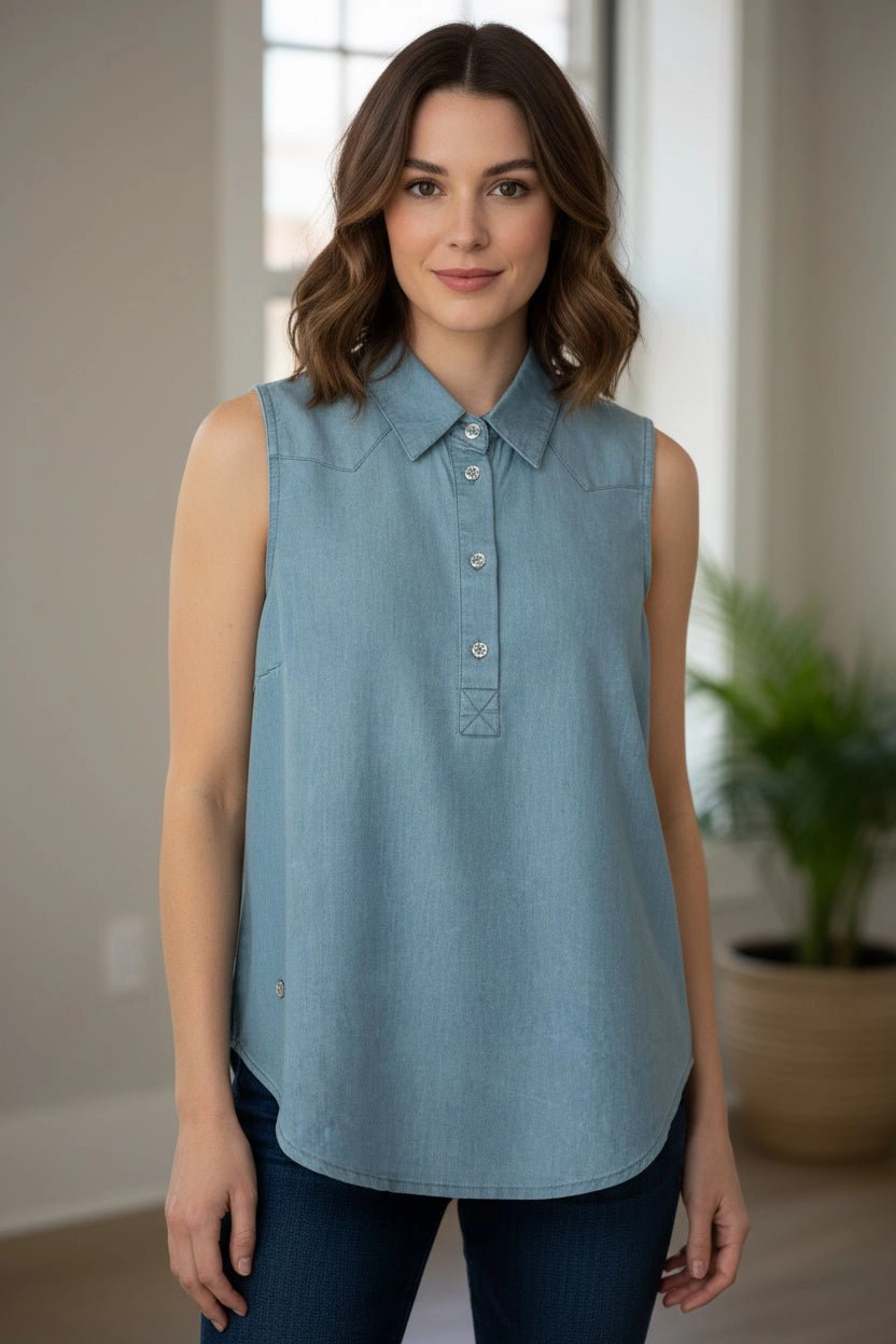 DressAtR Women's Light Blue Denim Sleeveless Collared Front Buttons Shirt