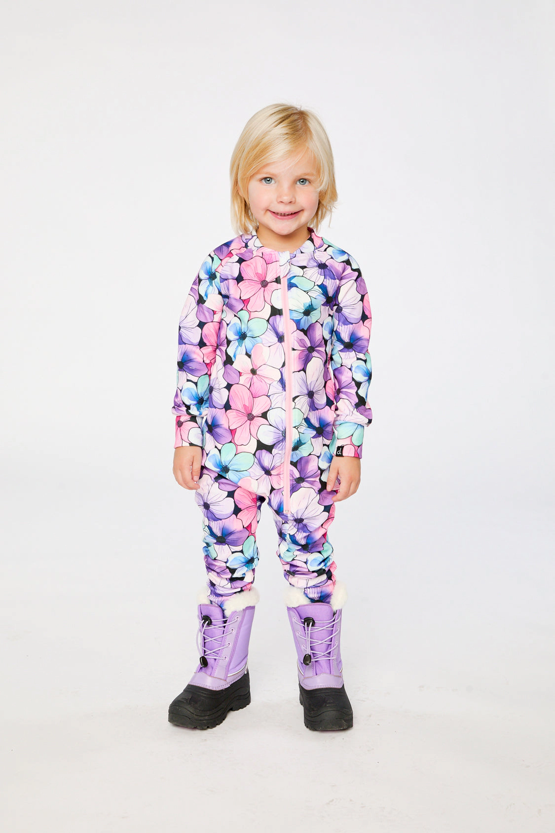 Deux par Girls One Piece Floral Print Asymmetric Zip Thermal Underwear