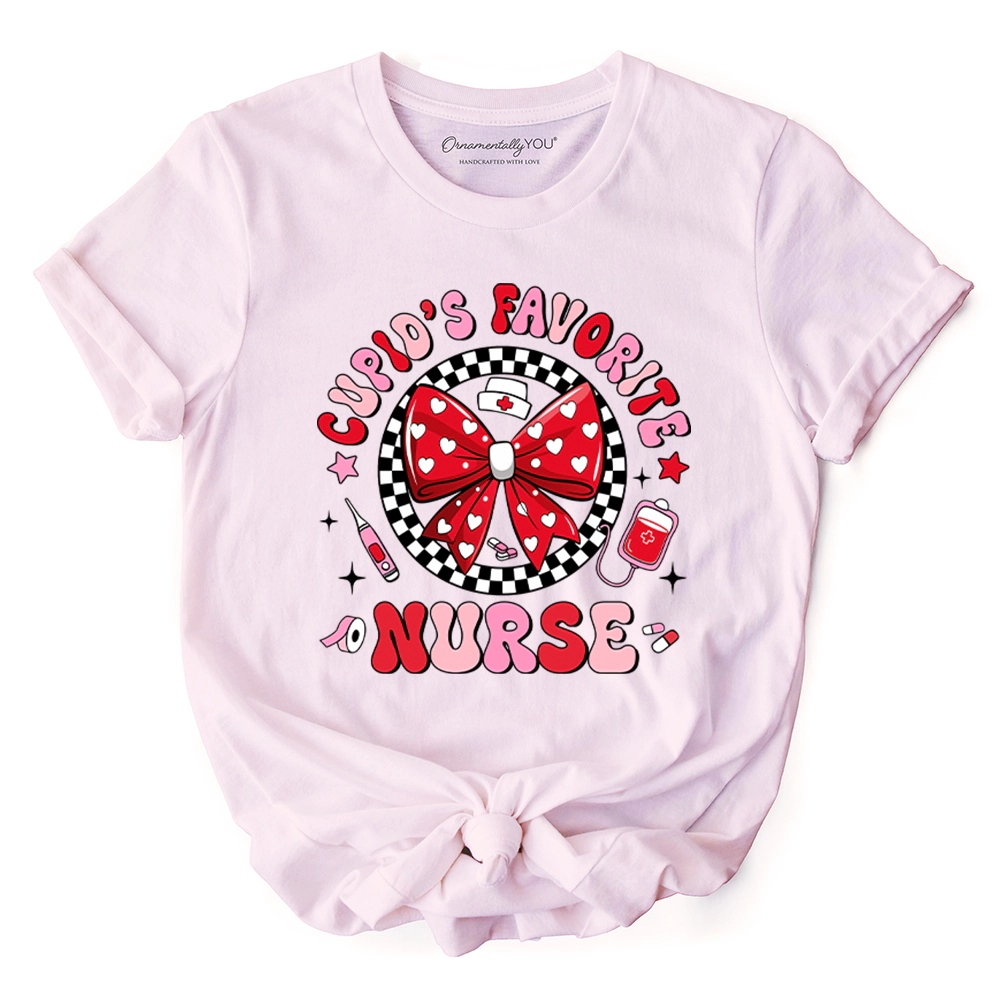 OrnamentallyYou Womens Cupid's Favorite Nurse Coquette Bow Valentine T-Shirt