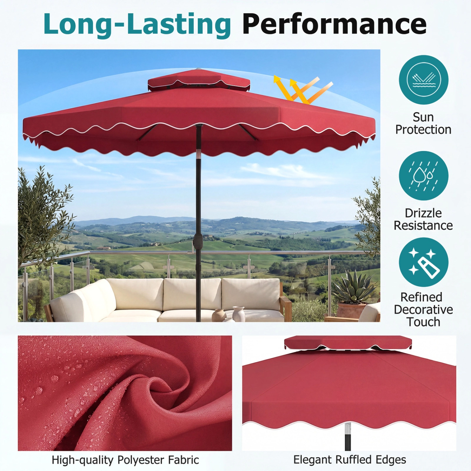 SUGIFT Wine 10 ft Patio Umbrella with Push Button Tilt Crank and 2-Tier Vented Top