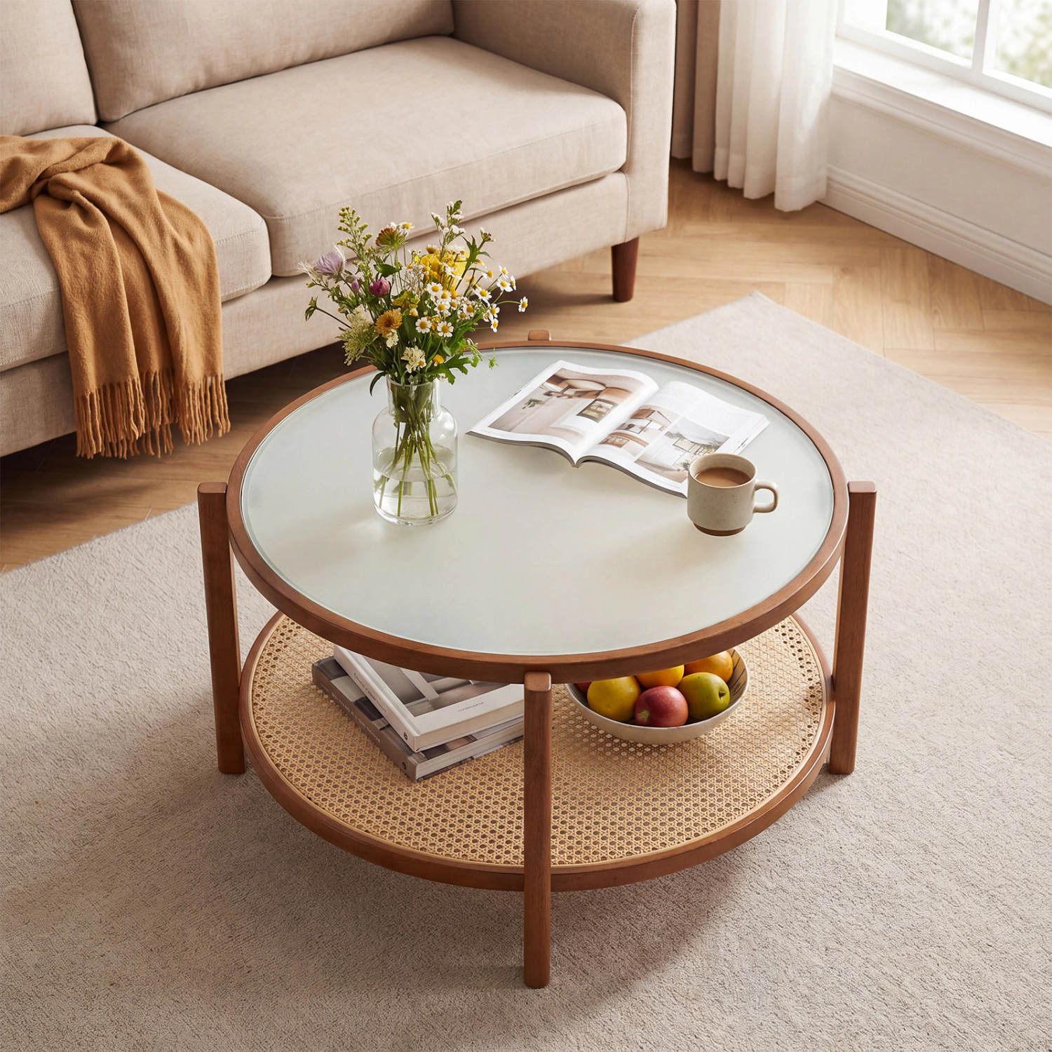 LJG 2-Tier Rattan Coffee Table with Frosted Tempered Glass Top and Wood Legs