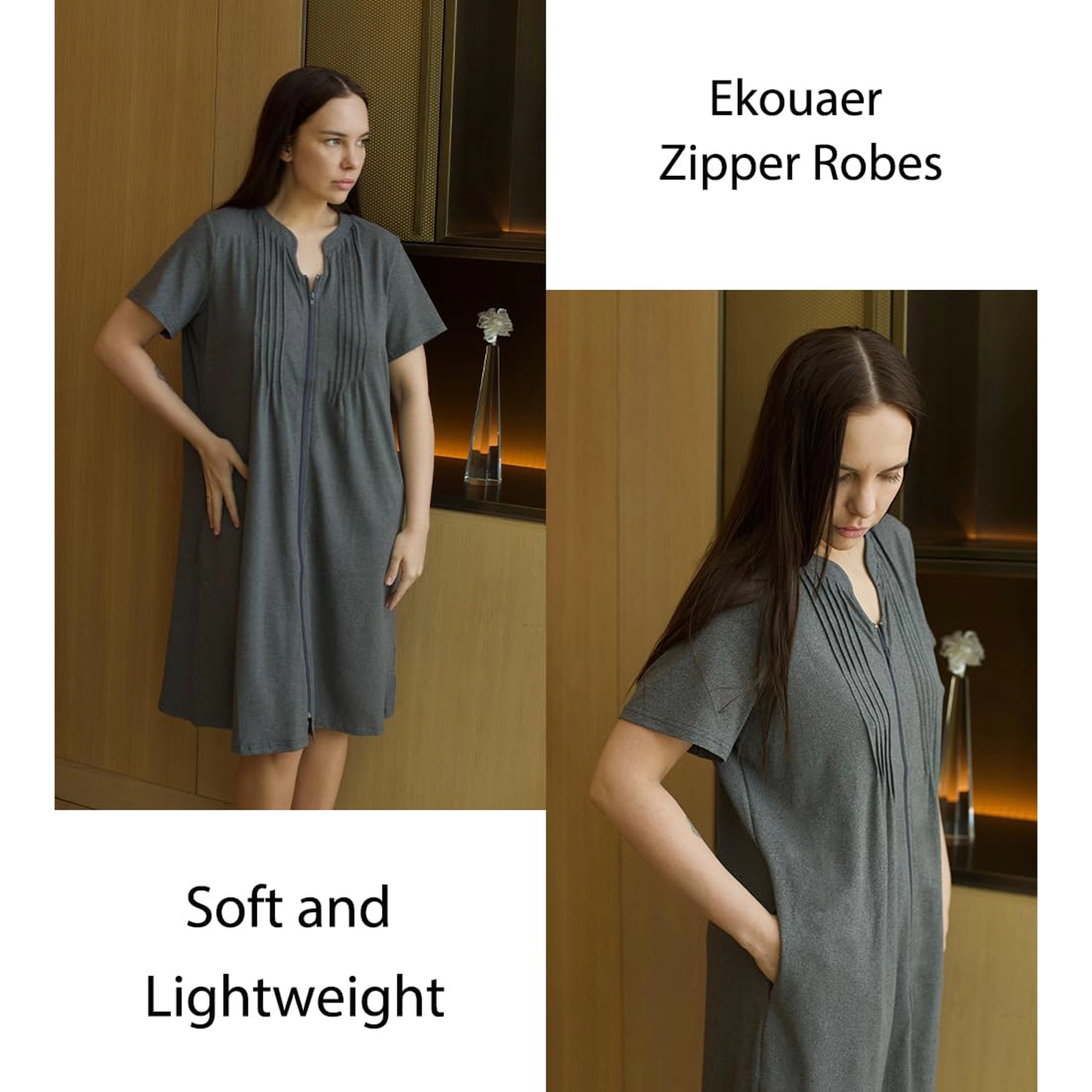 Ekouaer Women Zipper Robes Short Bathrobe Lightweight Mumu Duster House Coat with Pockets Soft Moo