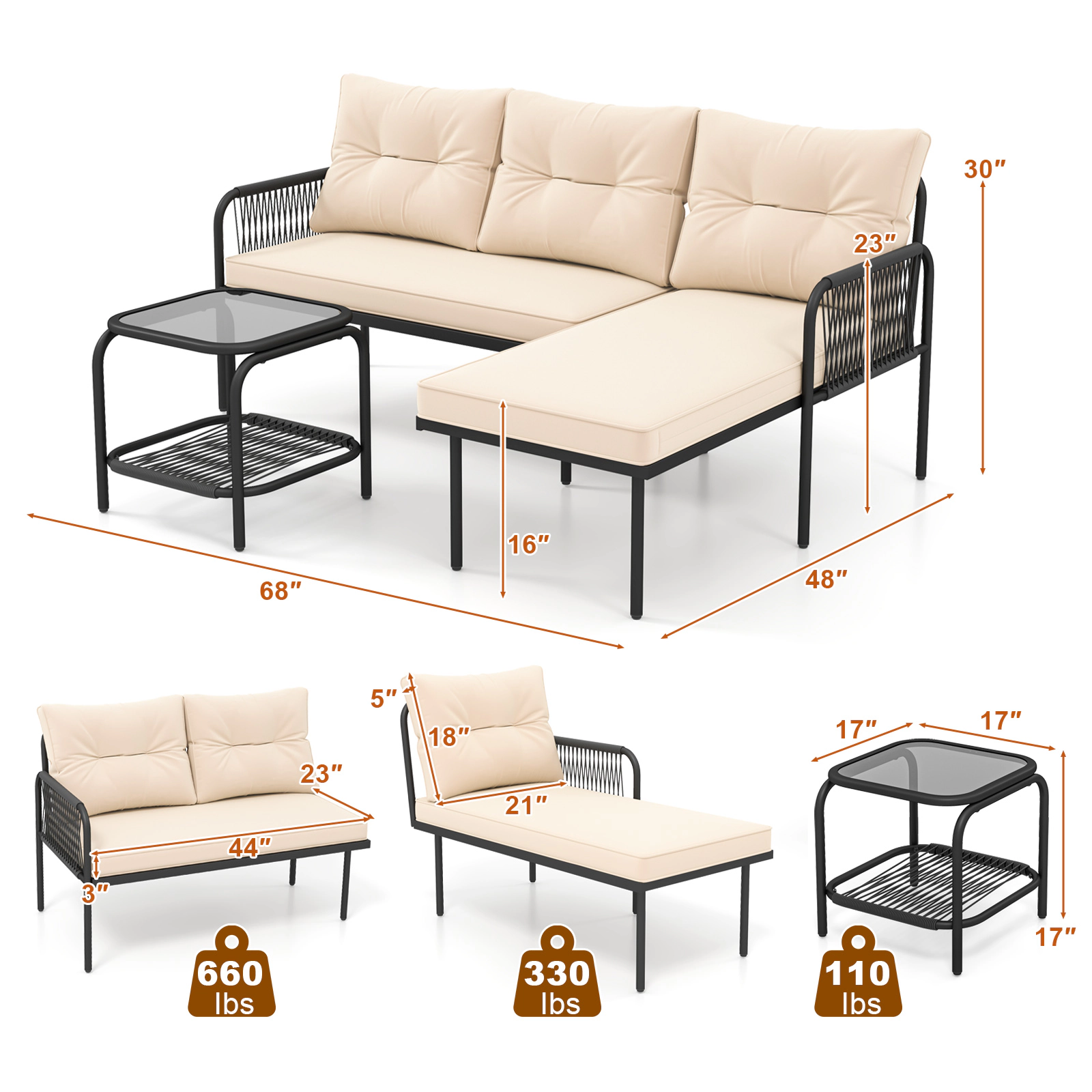 LJG 3-Piece L Shaped Patio Furniture Set PE Rattan Sectional Sofas