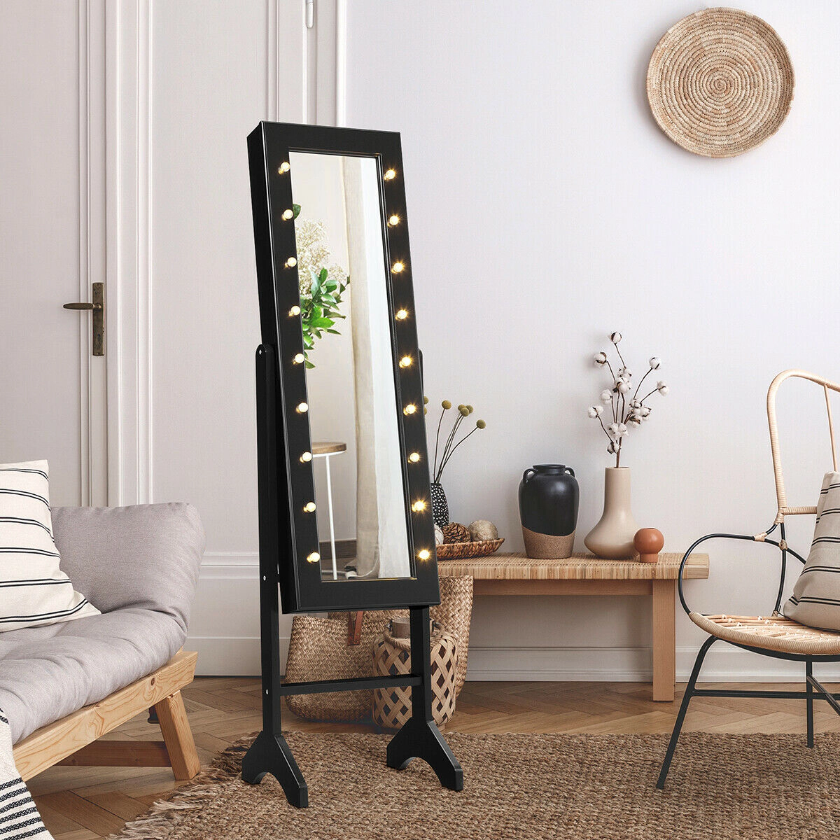 SUGIFT Free Standing Mirrored Jewelry Cabinet Armoire Organizer with LED Lights 57-in Tall Black