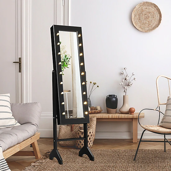SUGIFT Free Standing Mirrored Jewelry Cabinet Armoire Organizer with LED Lights 57-in Tall Black
