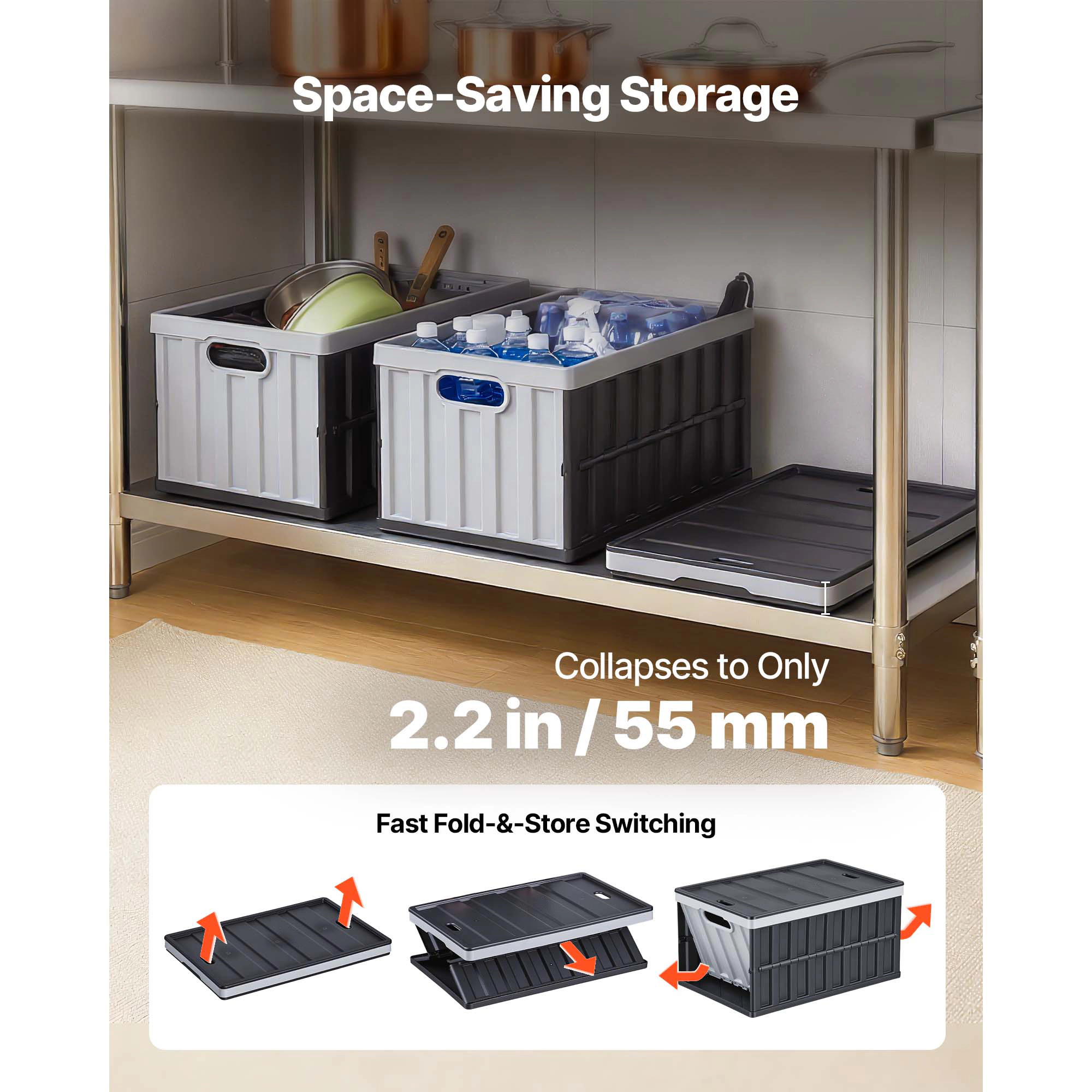 HONGGE Plastic Collapsible Storage Bins with Lids 65L Stackable Folding Storage Crates with Handles Holds 84 lbs Per