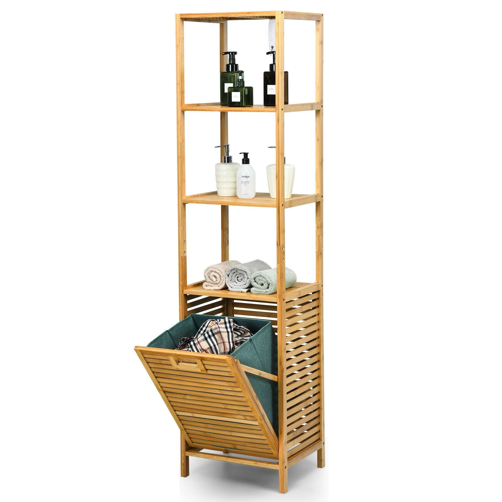 SlickBlue Wicker Laundry Hamper Tower with 3-Tier Storage Shelves