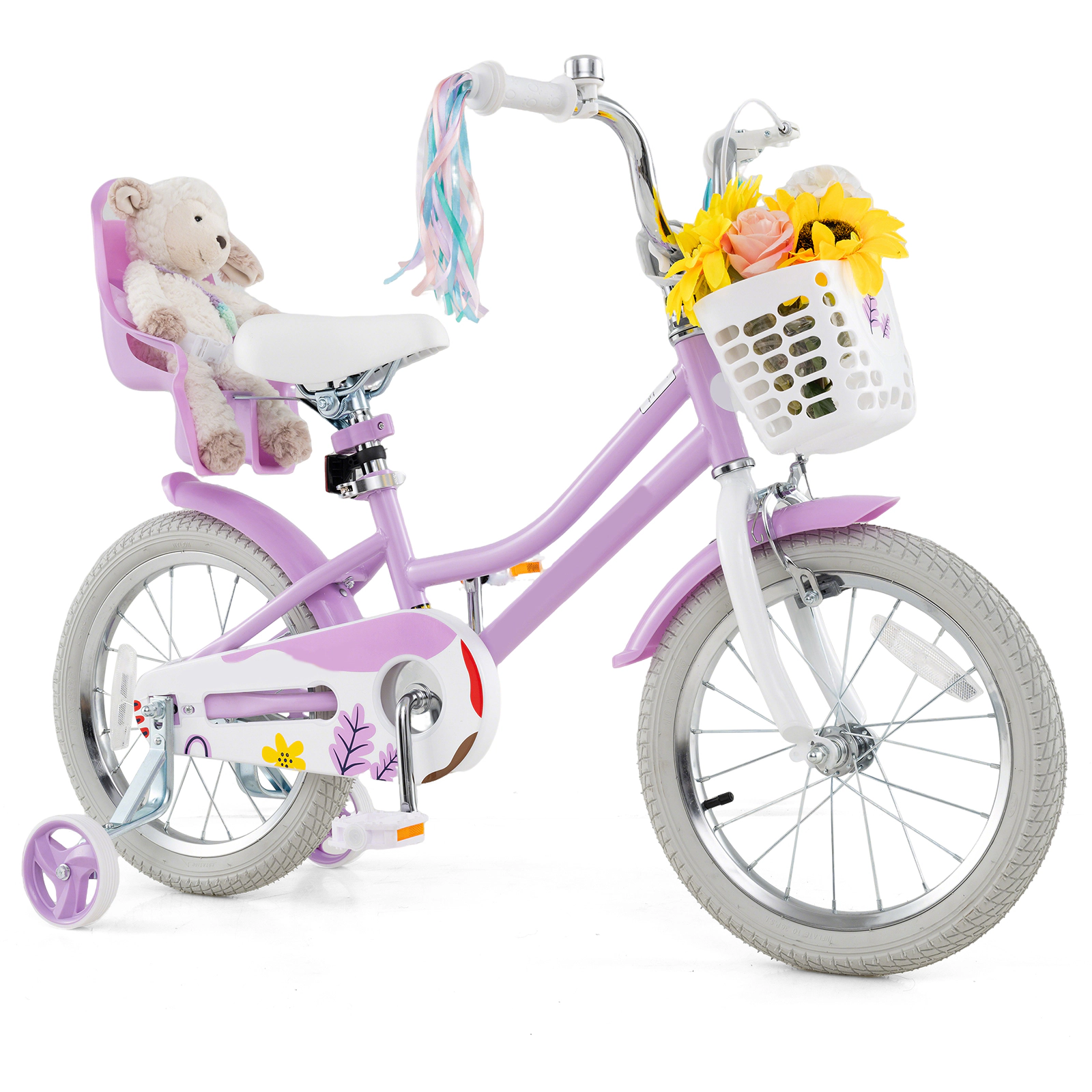 SUGIFT Purple Doll Seat Streamers Training Wheels and Front Basket Girls 16 Inch Bike