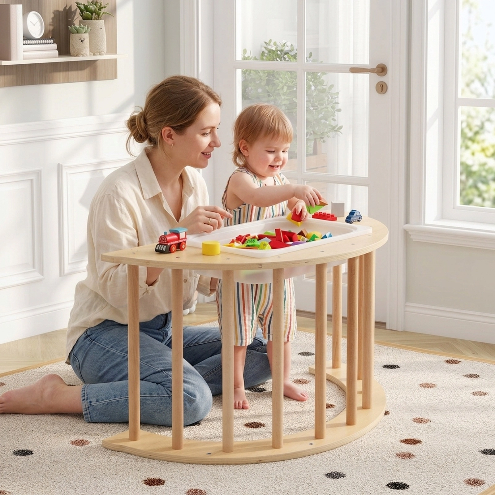 6-in-1 Natural Wood Kids Climbing Arch Detachable Support Legs Rocker Stoppers Padded Mat Toy Bin 110-lb Ages 1-8