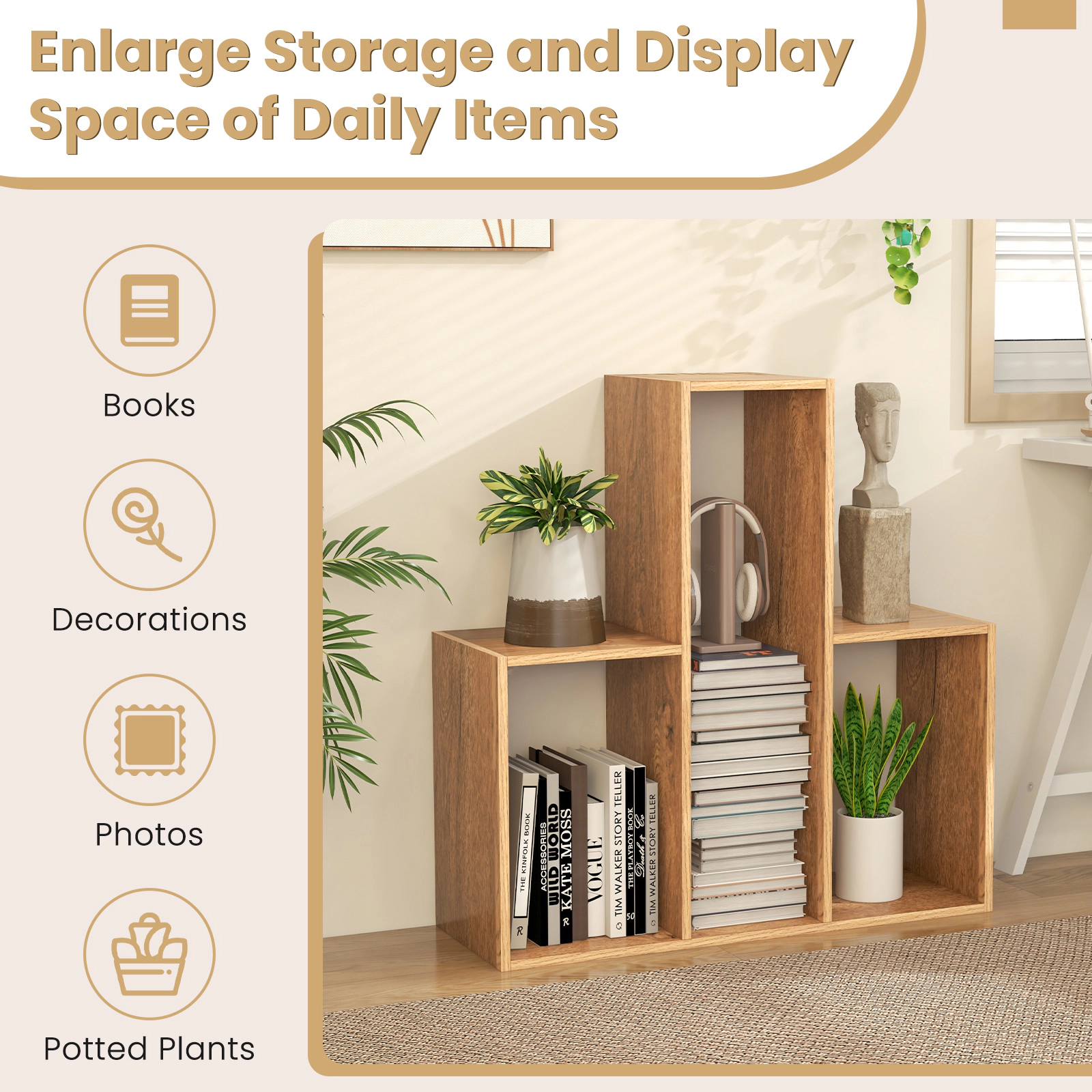 SUGIFT 3-Shelf Natural 33-in Open Convex Bookshelf Display Organizer with Anti-Toppling Device and 88-lb Top