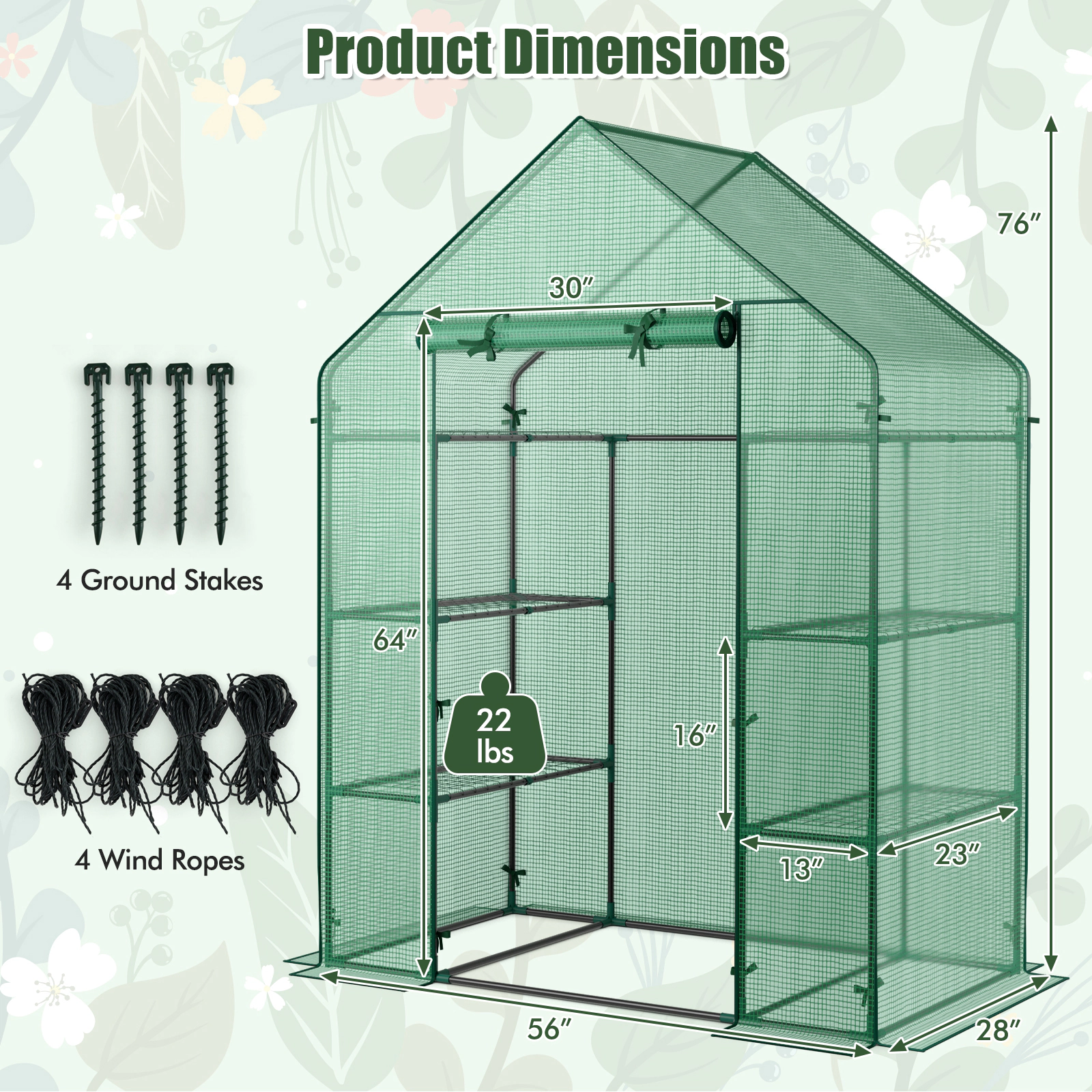 SUGIFT Green 56-in x 29-in Portable Walk-in Greenhouse with 8 Shelves 4 Tiers and PE Mesh Cover