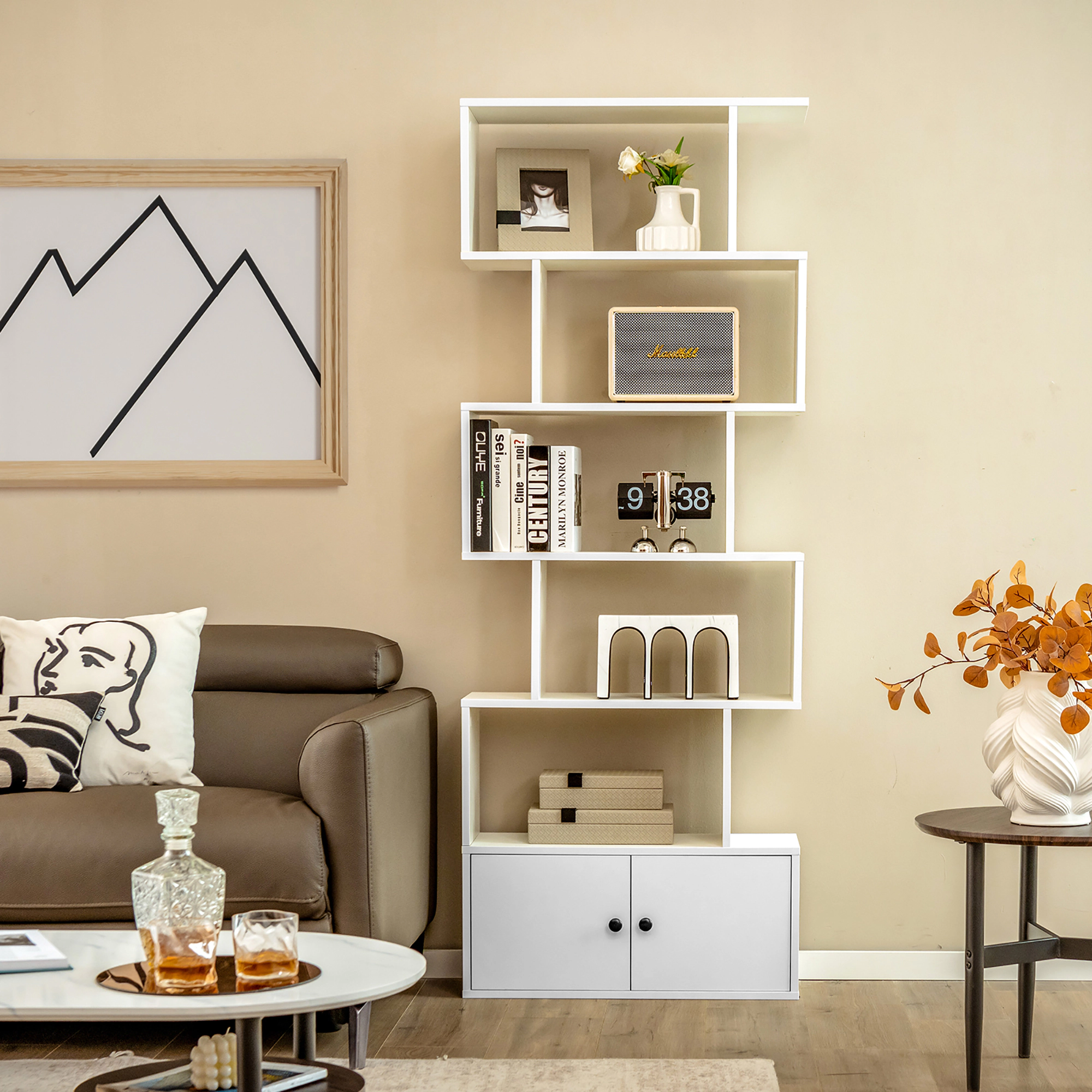 Costway Bookshelf with Cabinet 6-Tier S-Shaped Bookcase Storage Rack White