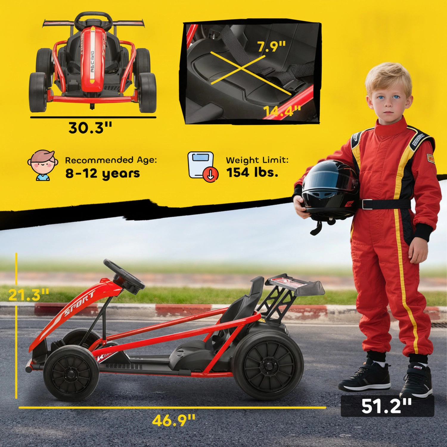 HONGGE Qaba 24V 7AH Kids Electric Go Kart, 8.1 MPH Battery Powered Drift Kart with Dual Motors