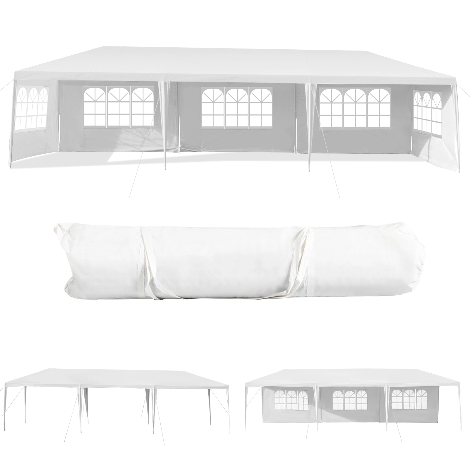 SUGIFT 10-ft by 30-ft White PE and Steel Canopy Tent with 5 Removable Sidewalls 16 Stakes and 8 Ropes