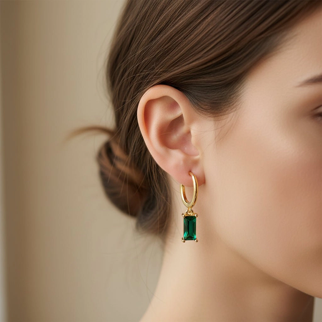 DressAtR Women's Green Zircon 18K Gold Plated Earrings