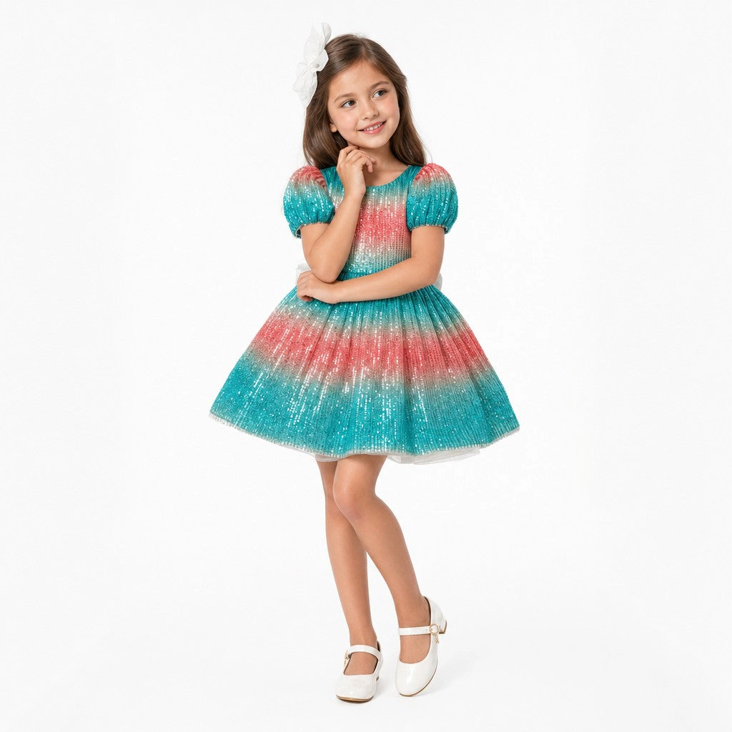 Faeella Girls Aqua Sunset Sparkle Sequin Birthday Dress