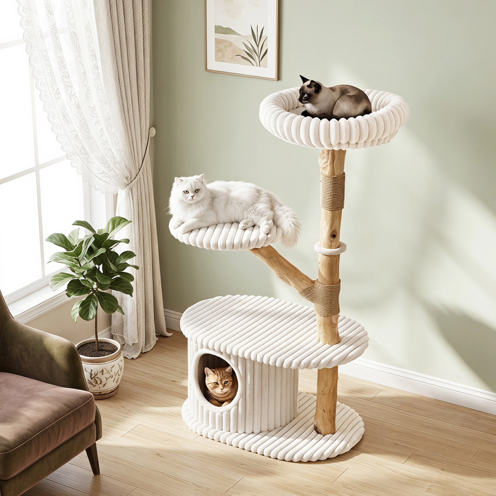 SUGIFT Multi-Level 41-in Tall Modern Cat Tree Tower Real Pear Wood Branches Scratching Posts 22-lb Capacity Indoor Beige
