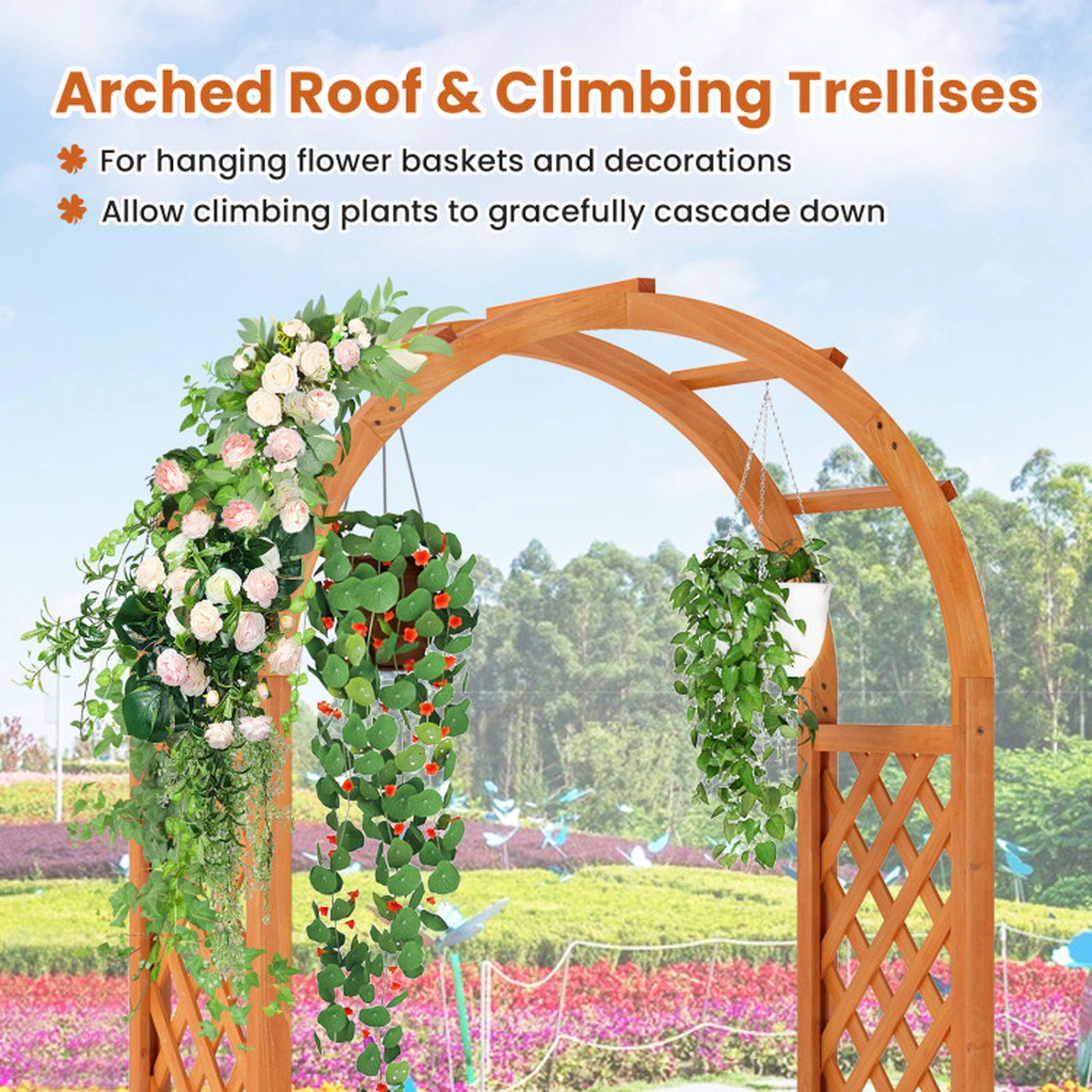 SUGIFT Arched Roof Lattice Trellis Raised Garden Bed Wooden Elevated Planter Box 88-lb Capacity Reddish Brown
