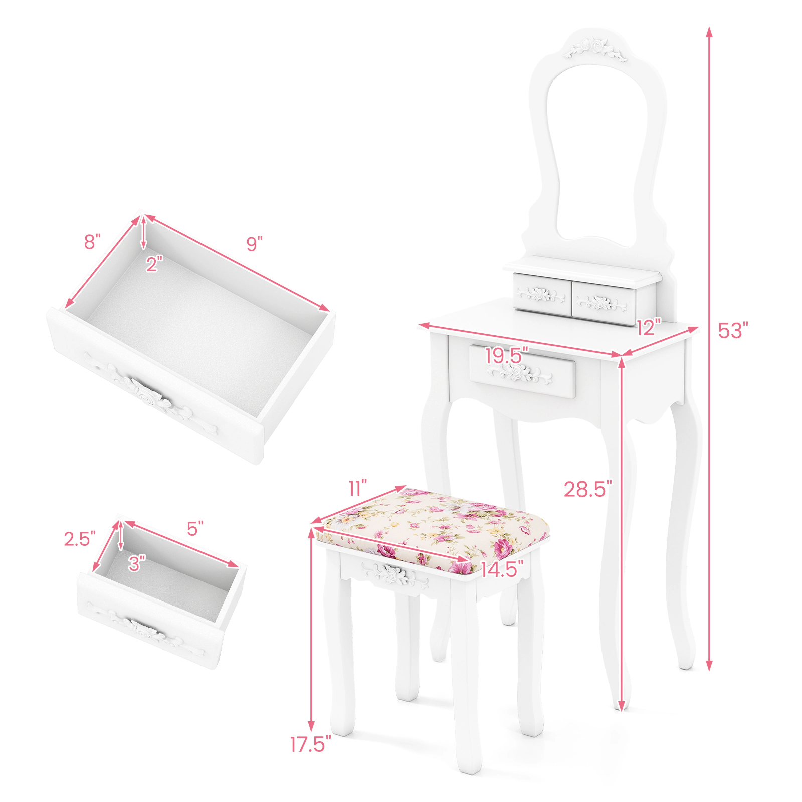 SUGIFT Narrow Makeup Vanity Table with Fan-Shaped Mirror, 3 Drawers and Cushioned Stool