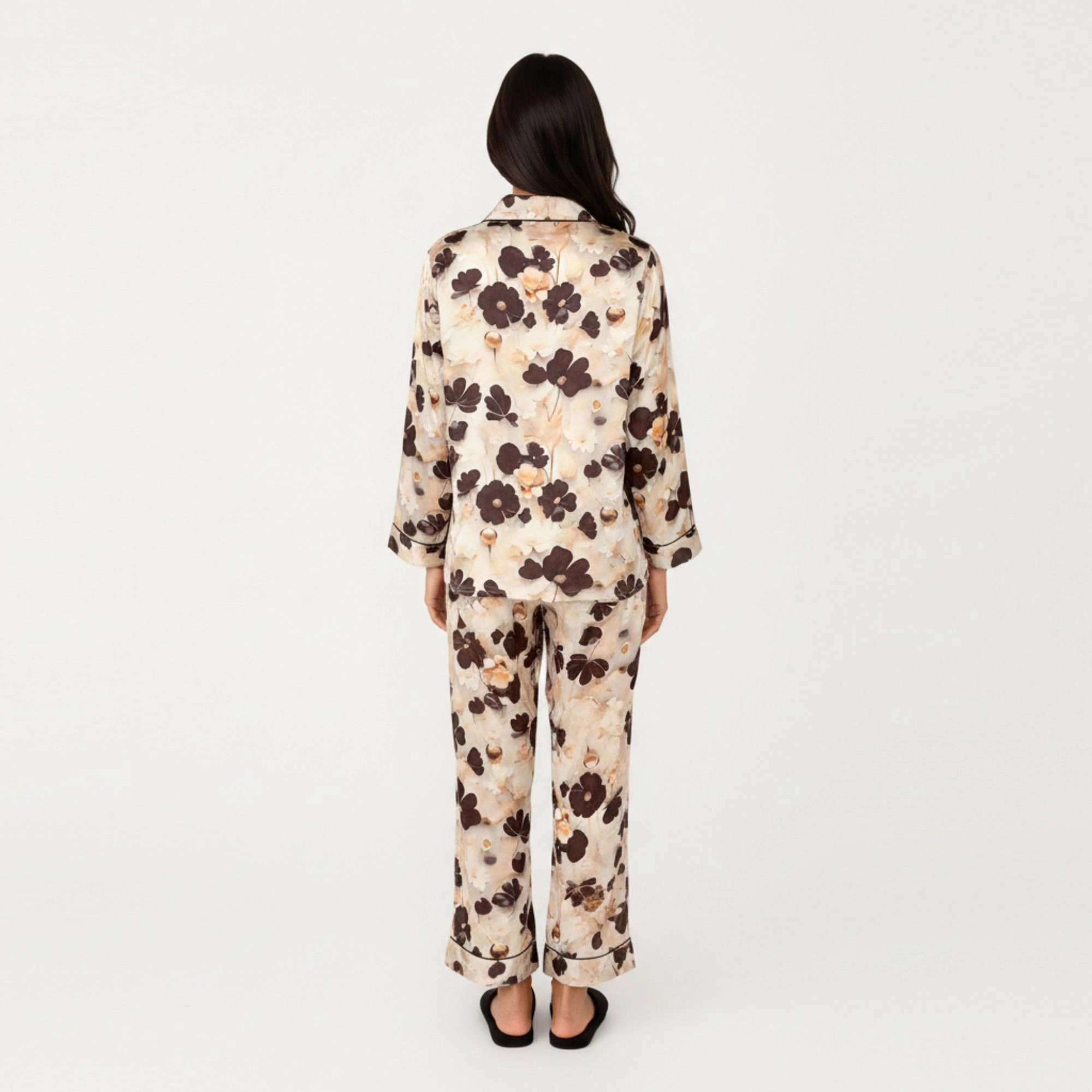 Anna-Kaci Women's 2-Piece Floral Satin Button Front Pajama Top with Contrast Piping and Elastic Waist Pants