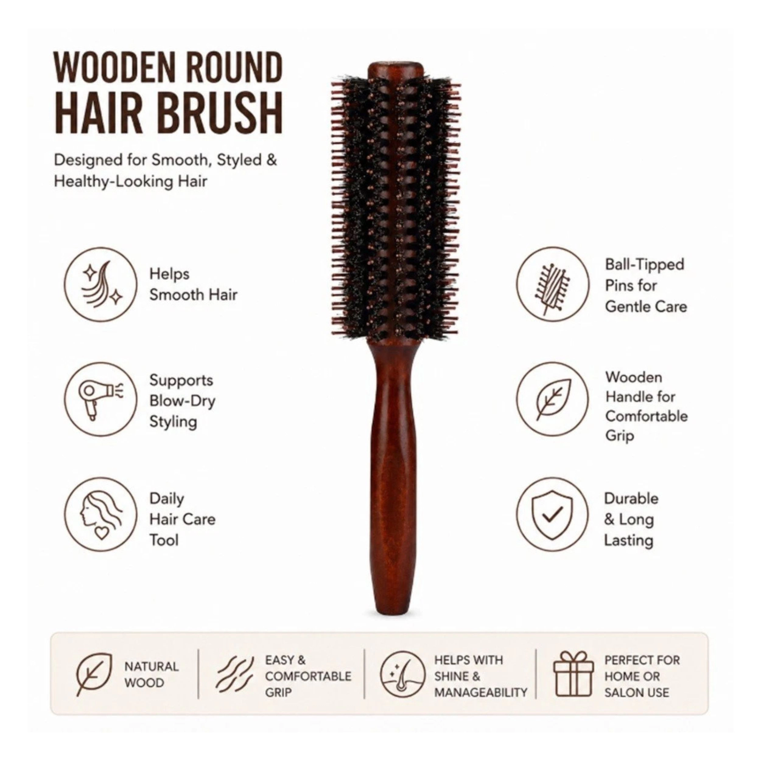 Home Collection 2.2-Inch Round Bristle Hair Brush with Wooden Handle