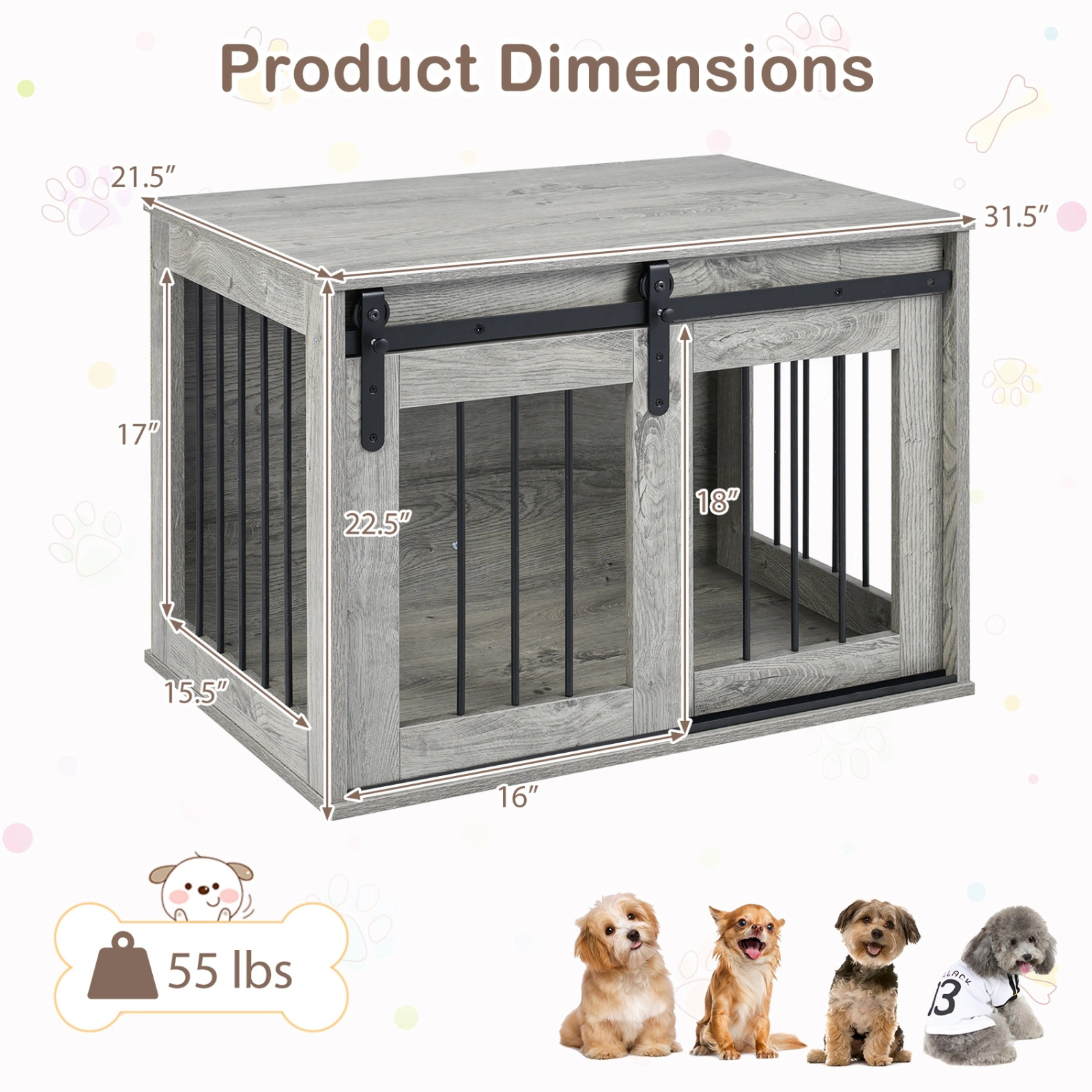 SUGIFT 31.5-in Heavy Duty Dog Crate Furniture Kennel with Sliding Barn Door and Metal Slatted Windows