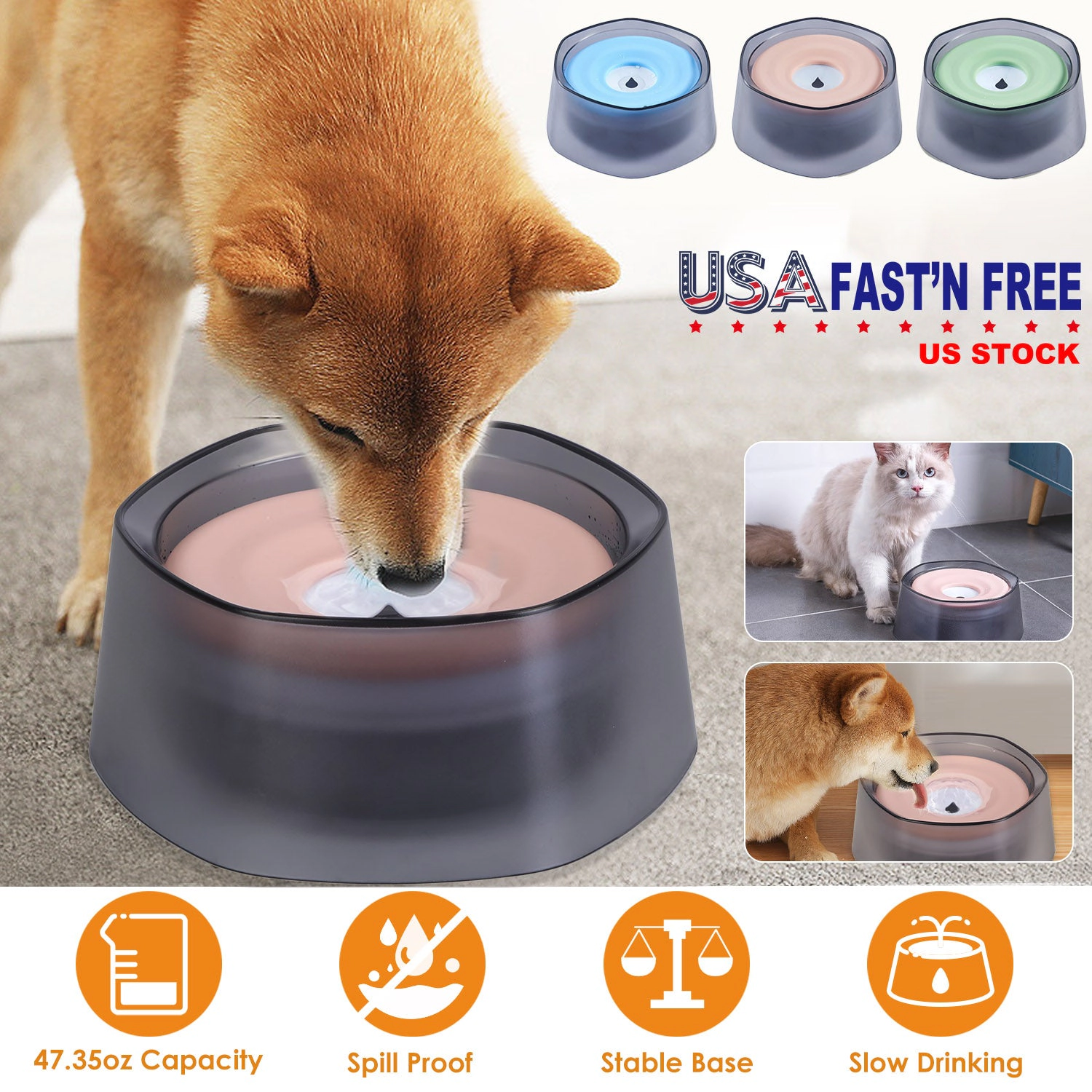 GBruno No-Spill Slow Water Feeder Pet Bowl 47oz