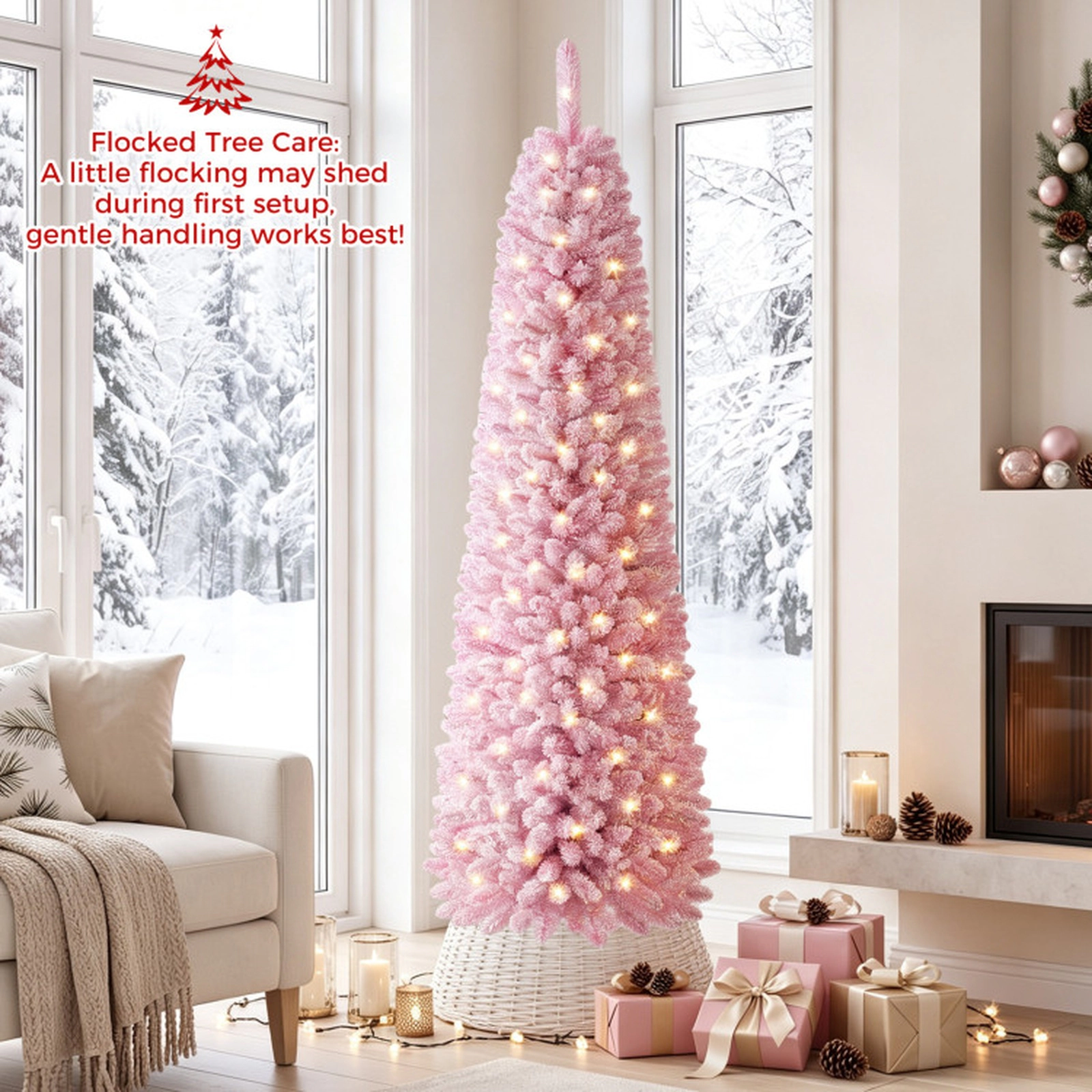 SUGIFT 6-ft Pink Flocked Pre-Lit Pencil Christmas Tree, 140 Warm White LEDs, 8 Modes