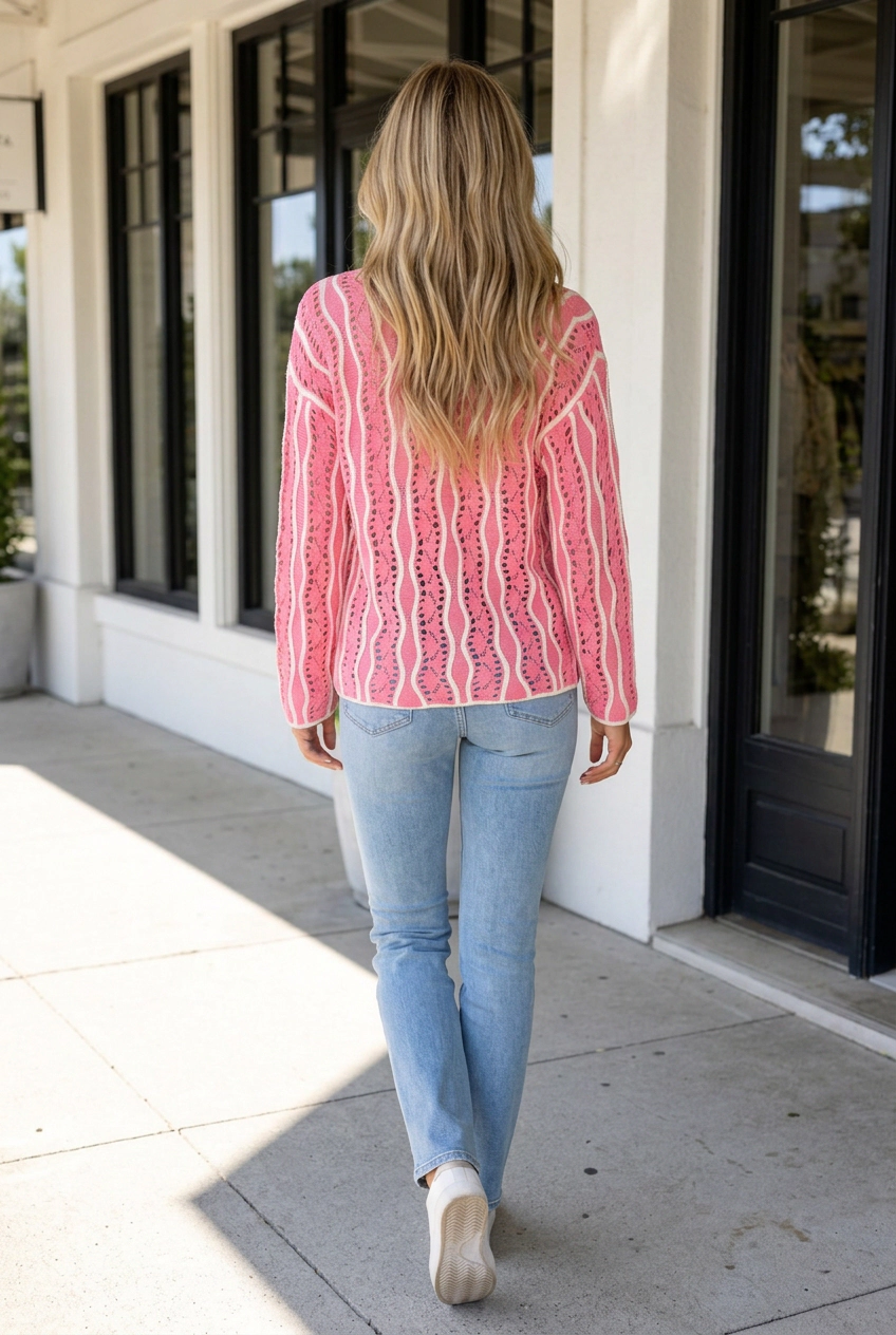Threaded Pear Jaida Cotton Pullover Sweater - Wavy Colorblock Eyelet Knit, Pink