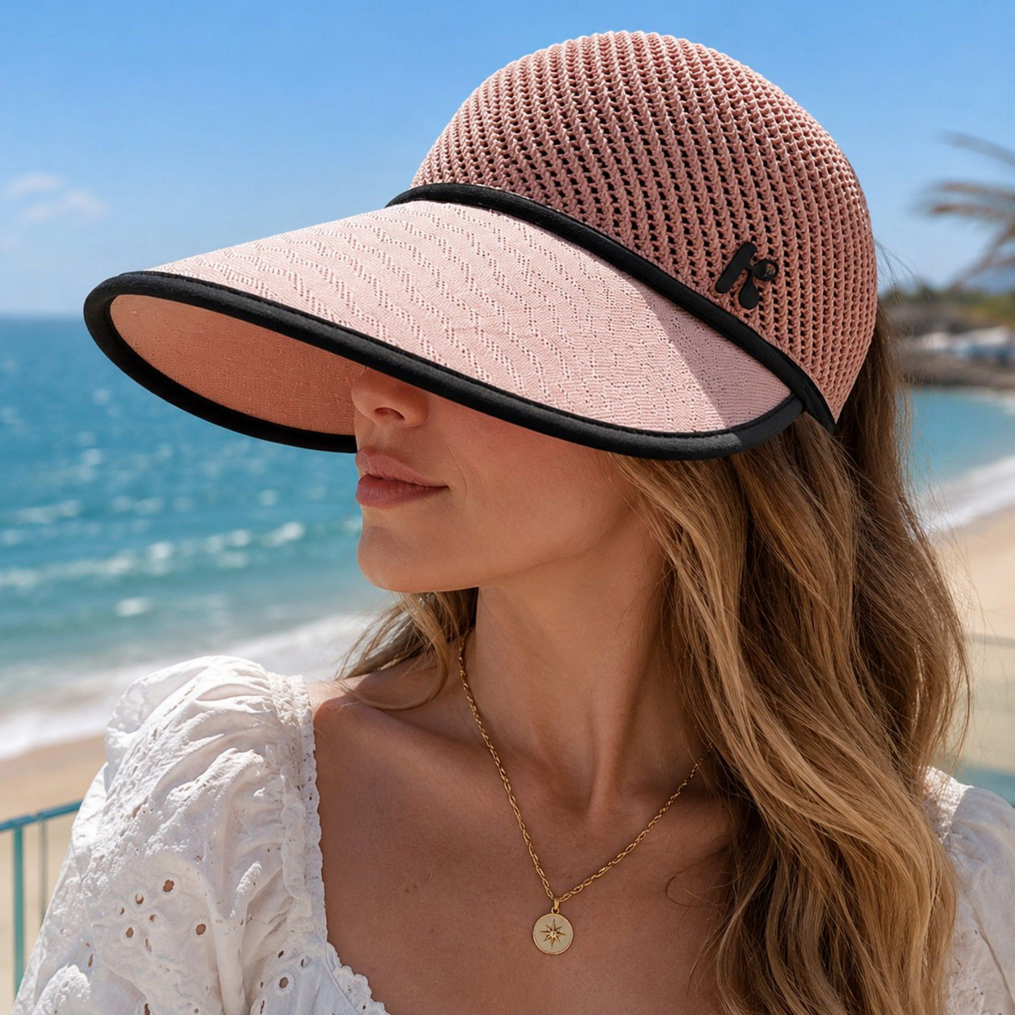 Alilang Women's Wide Brim Woven Visor Hat with UPF 50 Plus Crown Ponytail Back and Contrast Trim